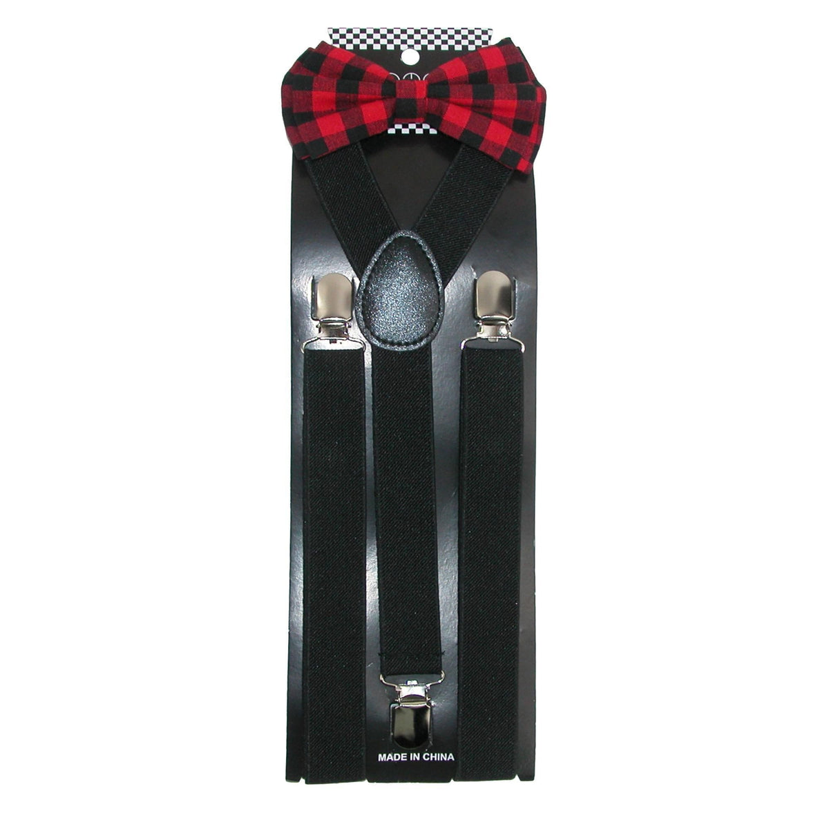 CTM® Men's Buffalo Plaid Bow Tie with Solid Suspender Set - Black