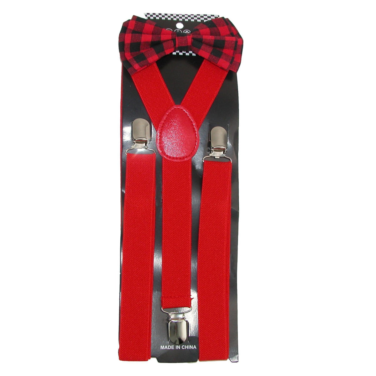 CTM® Men's Buffalo Plaid Bow Tie with Solid Suspender Set - Red