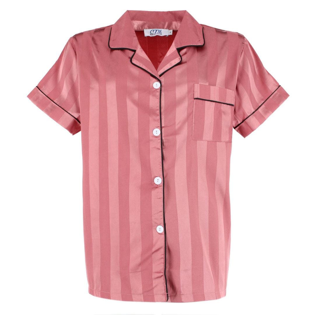 CTM® Women's Short Sleeve Thick Striped Satin Pajama Set - Pink
