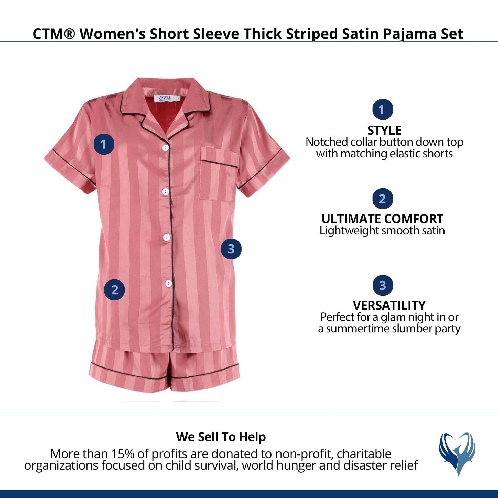 CTM® Women's Short Sleeve Thick Striped Satin Pajama Set - Pink