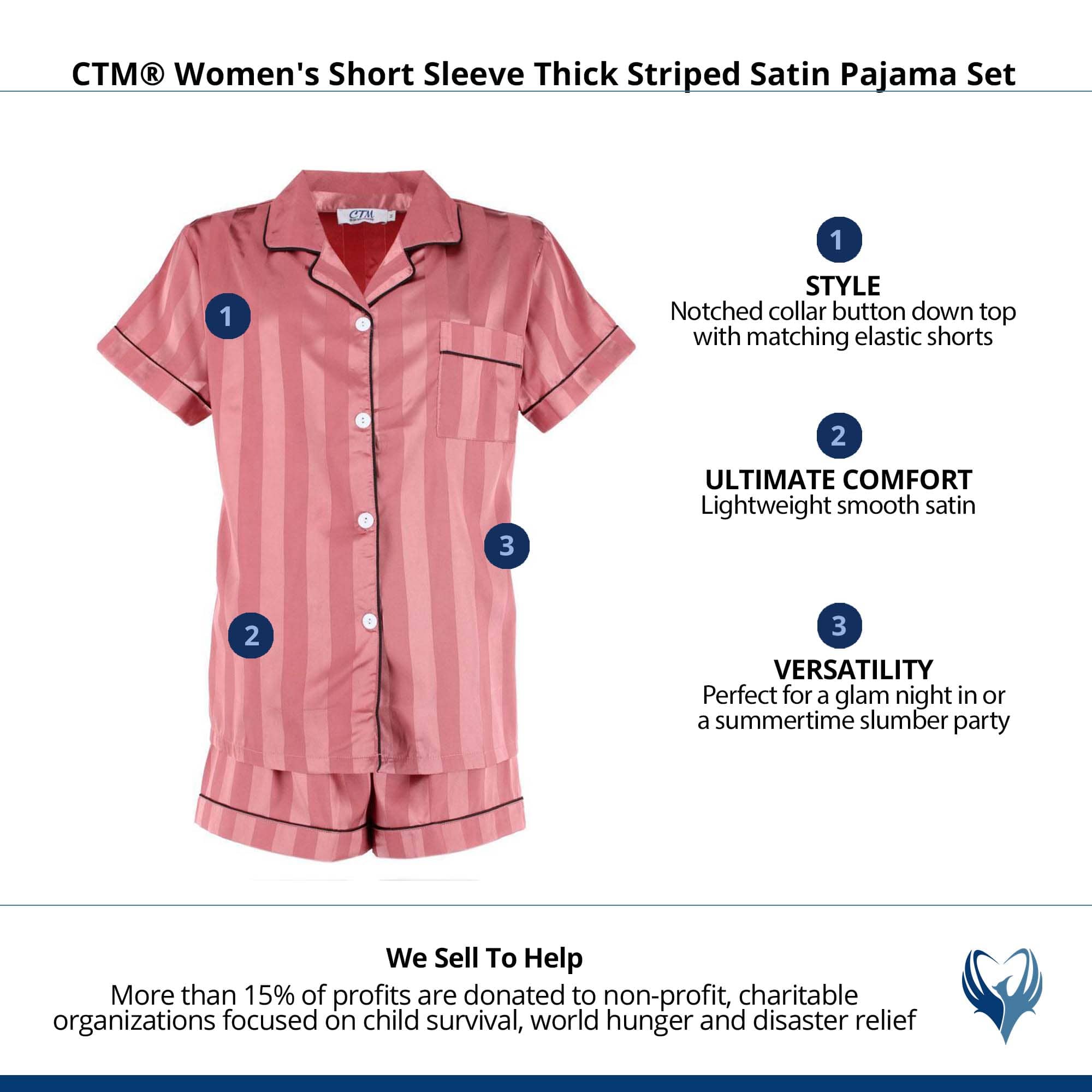 CTM® Women's Short Sleeve Thick Striped Satin Pajama Set - Pink