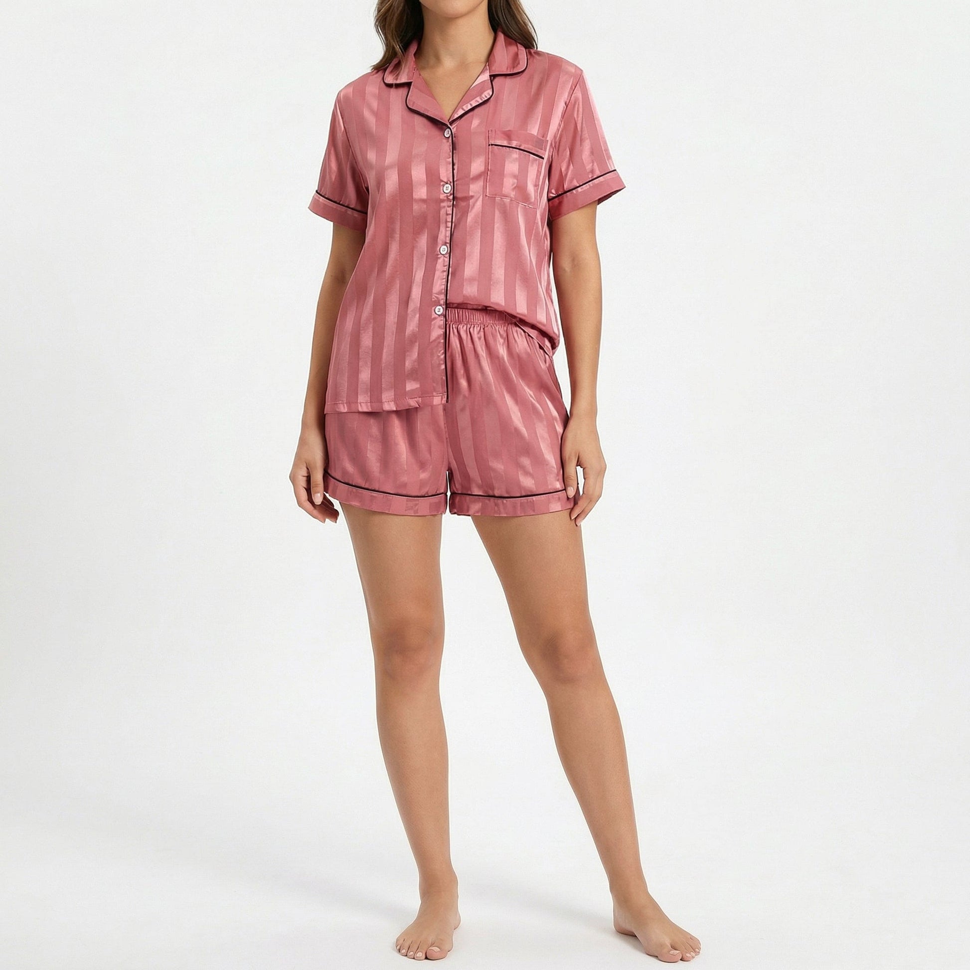 CTM® Women's Short Sleeve Thick Striped Satin Pajama Set - Pink