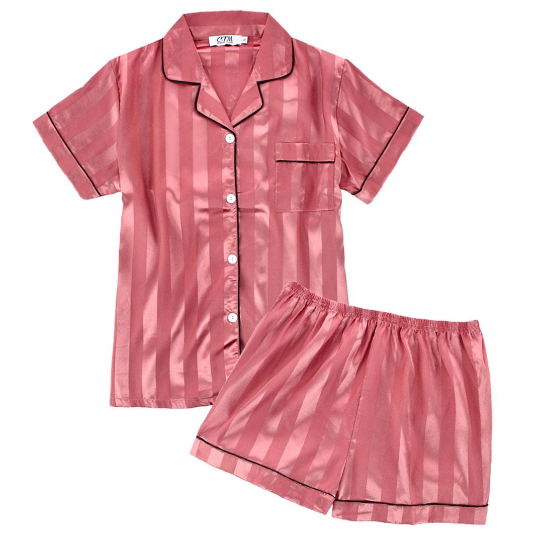 CTM® Women's Short Sleeve Thick Striped Satin Pajama Set - Women's Short Sleeve Thick Striped Satin Pajama Set