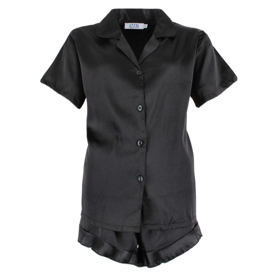 CTM® Women's Notched Collar Satin Short Sleeve Pajama Set - Black