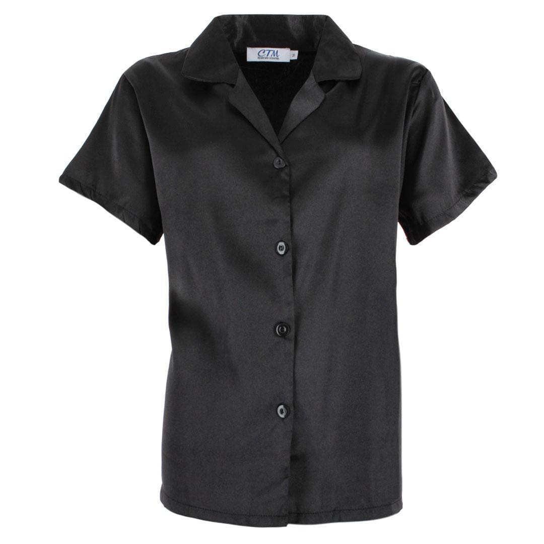CTM® Women's Notched Collar Satin Short Sleeve Pajama Set - Black