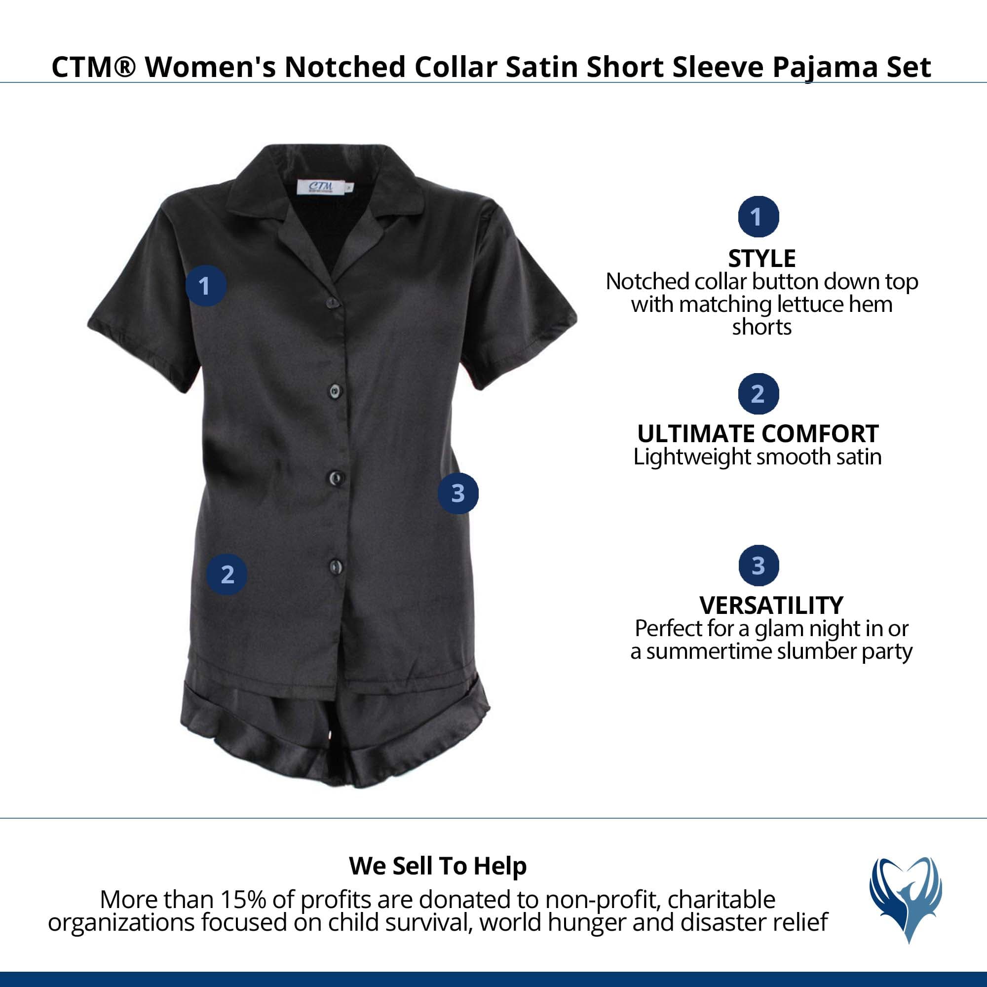 CTM® Women's Notched Collar Satin Short Sleeve Pajama Set - Black