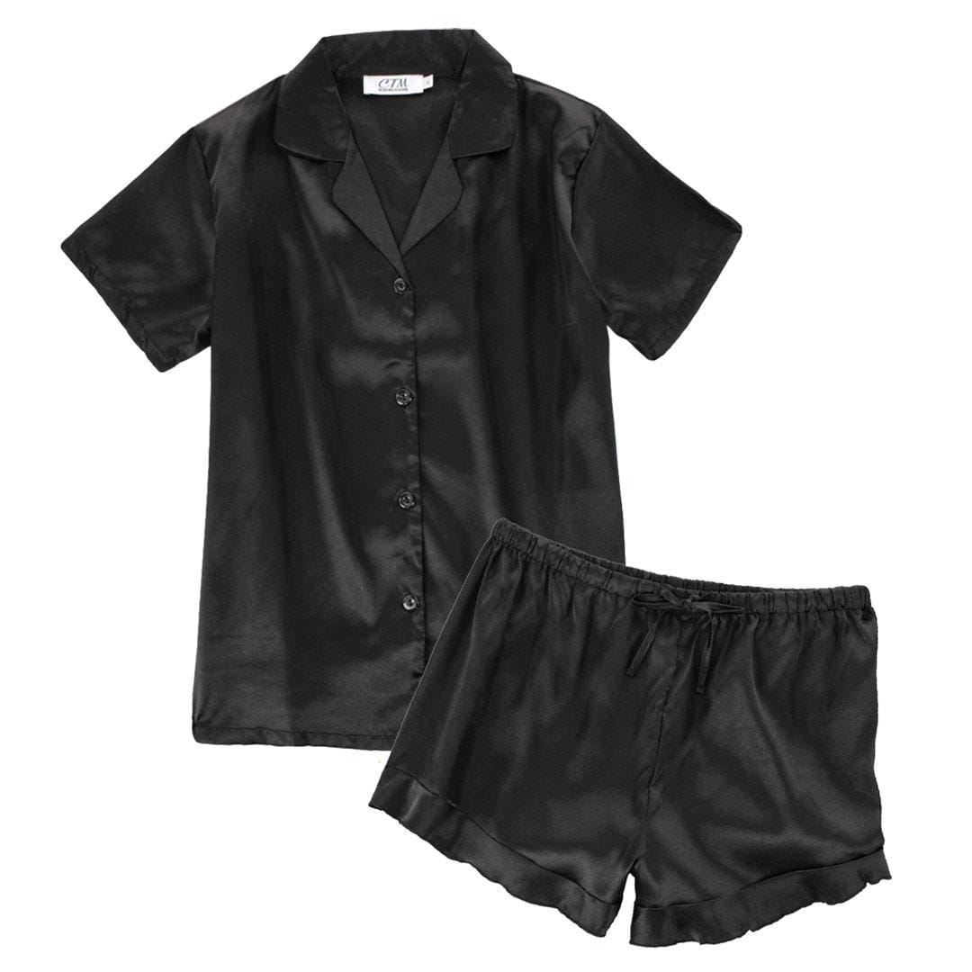 CTM® Women's Notched Collar Satin Short Sleeve Pajama Set - Women's Notched Collar Satin Short Sleeve Pajama Set