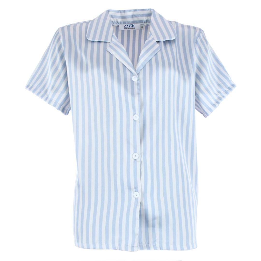 CTM® Women's Striped Satin Short Sleeve Pajama Set - Light Blue