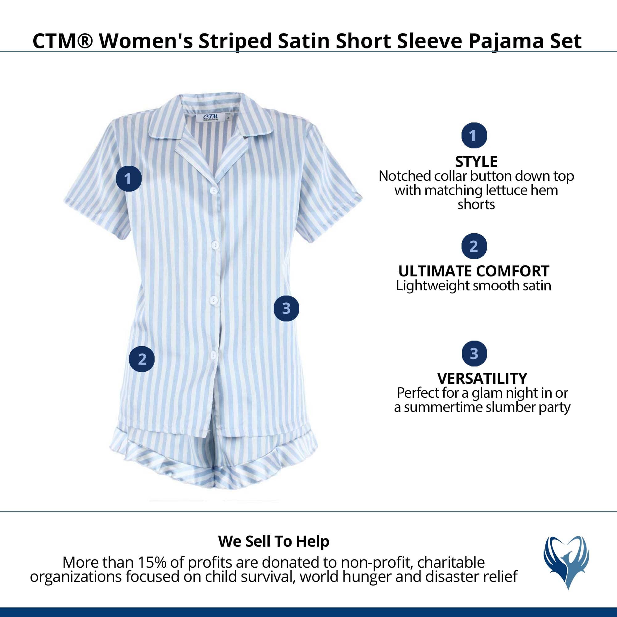 CTM® Women's Striped Satin Short Sleeve Pajama Set - Light Blue
