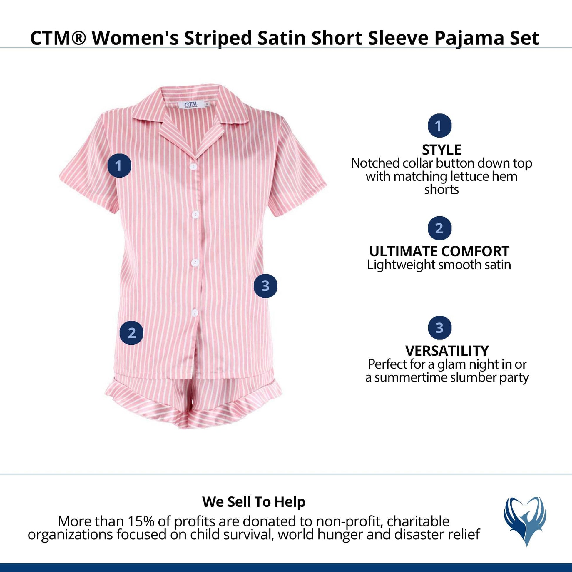 CTM® Women's Striped Satin Short Sleeve Pajama Set - Pink