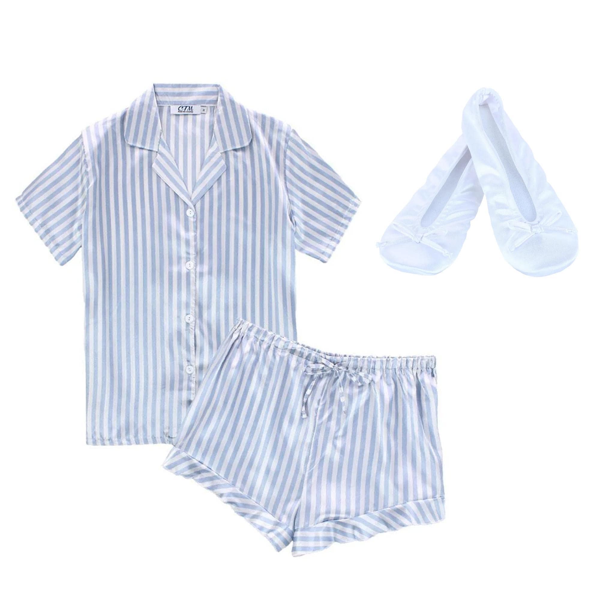 CTM® Women's Striped Satin Pajamas and Ballet Slipper Set - Light Blue