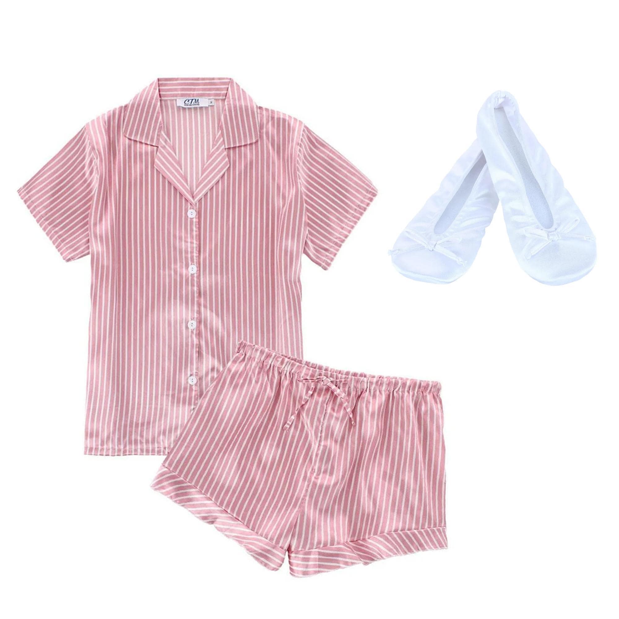 CTM® Women's Striped Satin Pajamas and Ballet Slipper Set - Pink