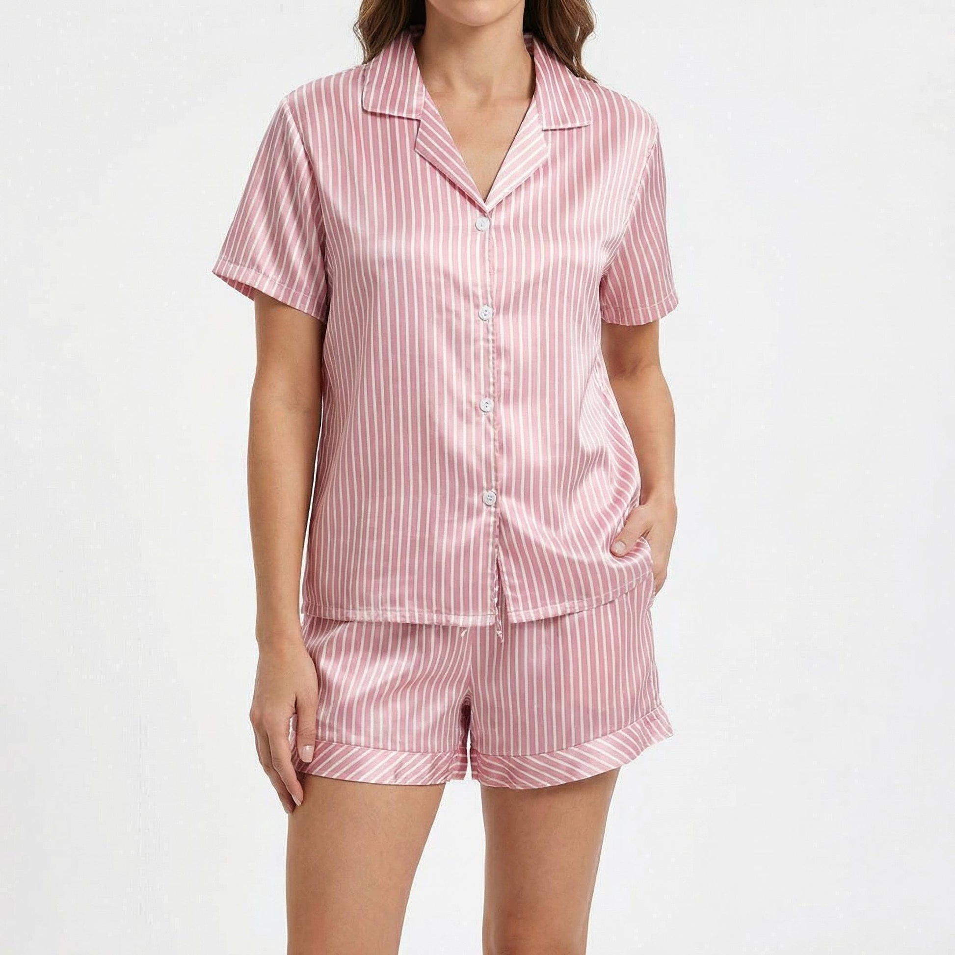 CTM® Women's Striped Satin Pajamas and Ballet Slipper Set - Pink