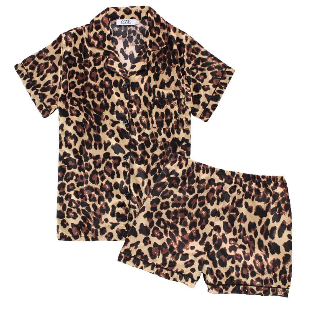 CTM® Women's Short Sleeve Leopard Print Pajama Set - Brown