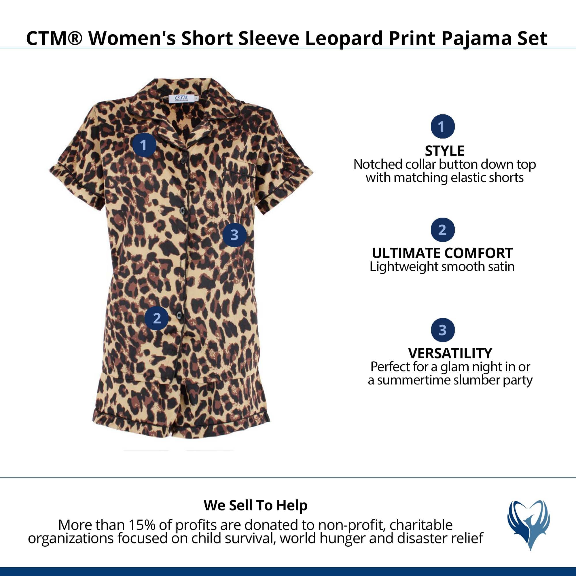 CTM® Women's Short Sleeve Leopard Print Pajama Set - Brown