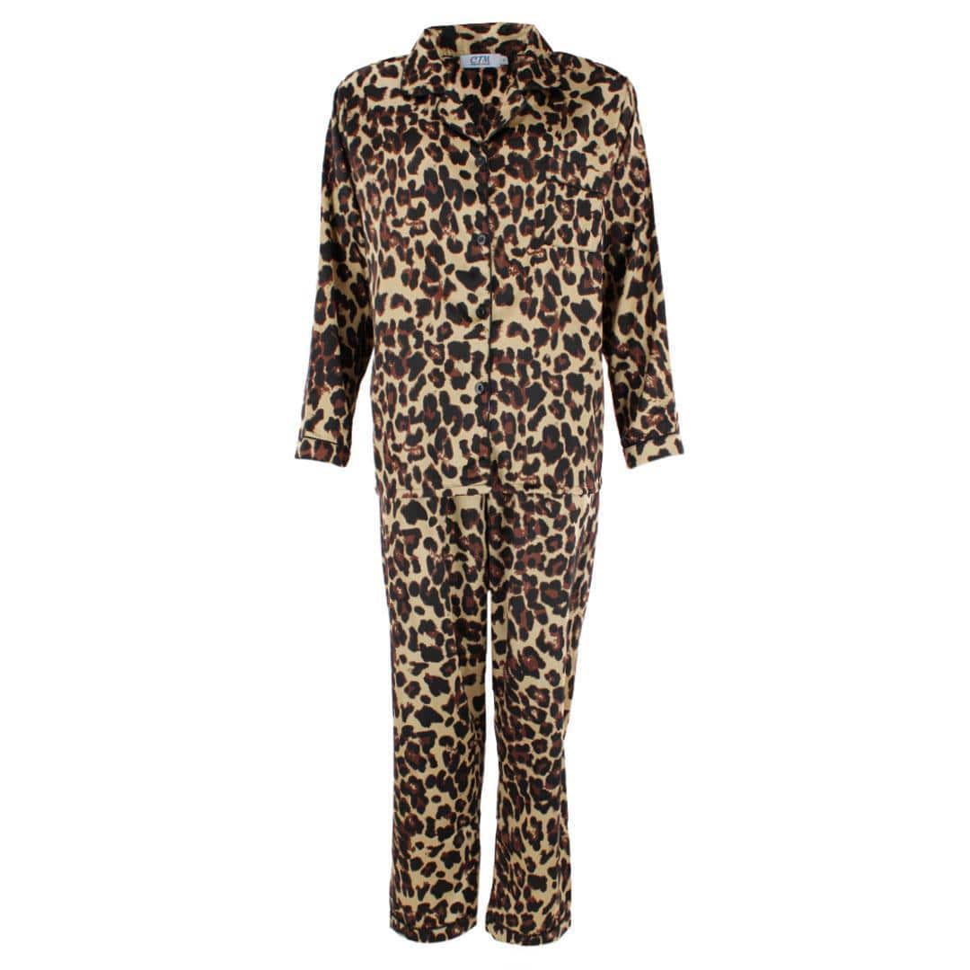 CTM® Women's Leopard Print Satin Long Sleeve Pajama Set - Brown
