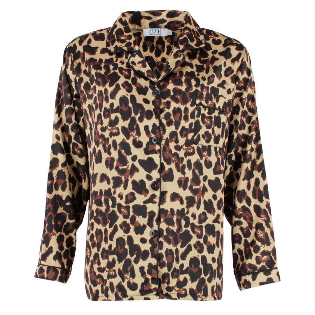 CTM® Women's Leopard Print Satin Long Sleeve Pajama Set - Brown