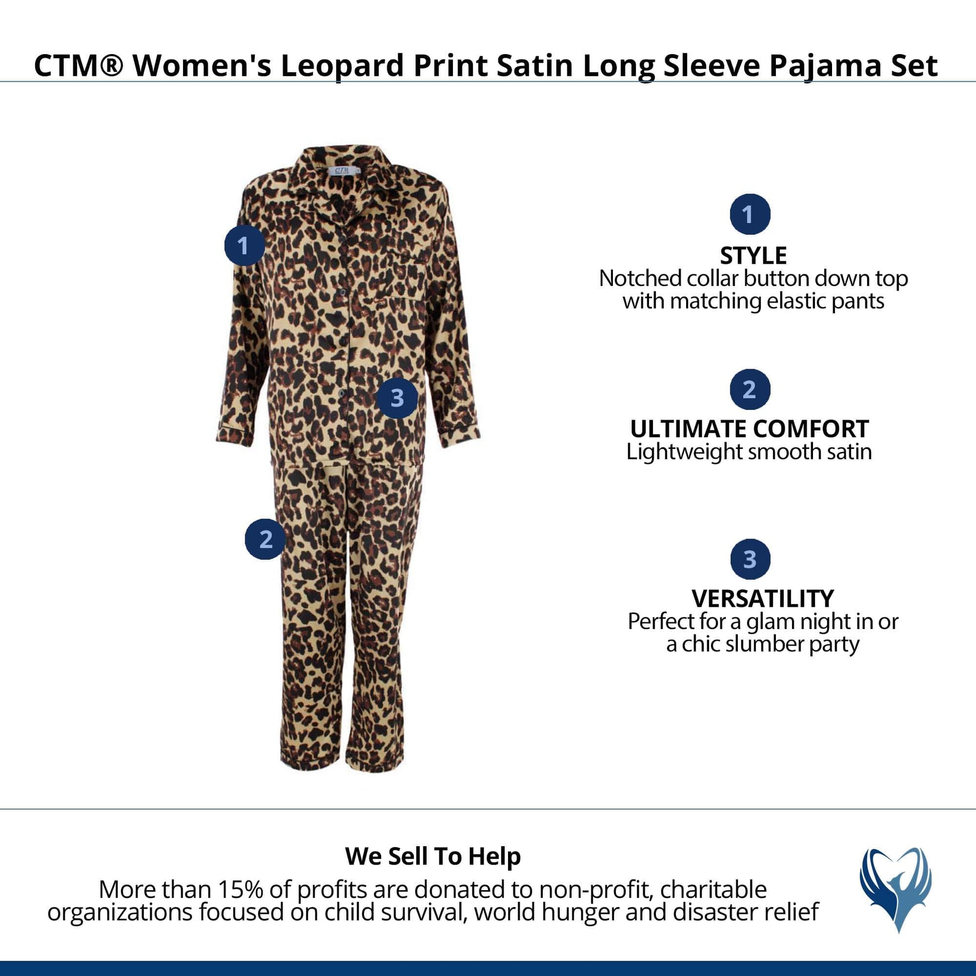 CTM® Women's Leopard Print Satin Long Sleeve Pajama Set - Brown