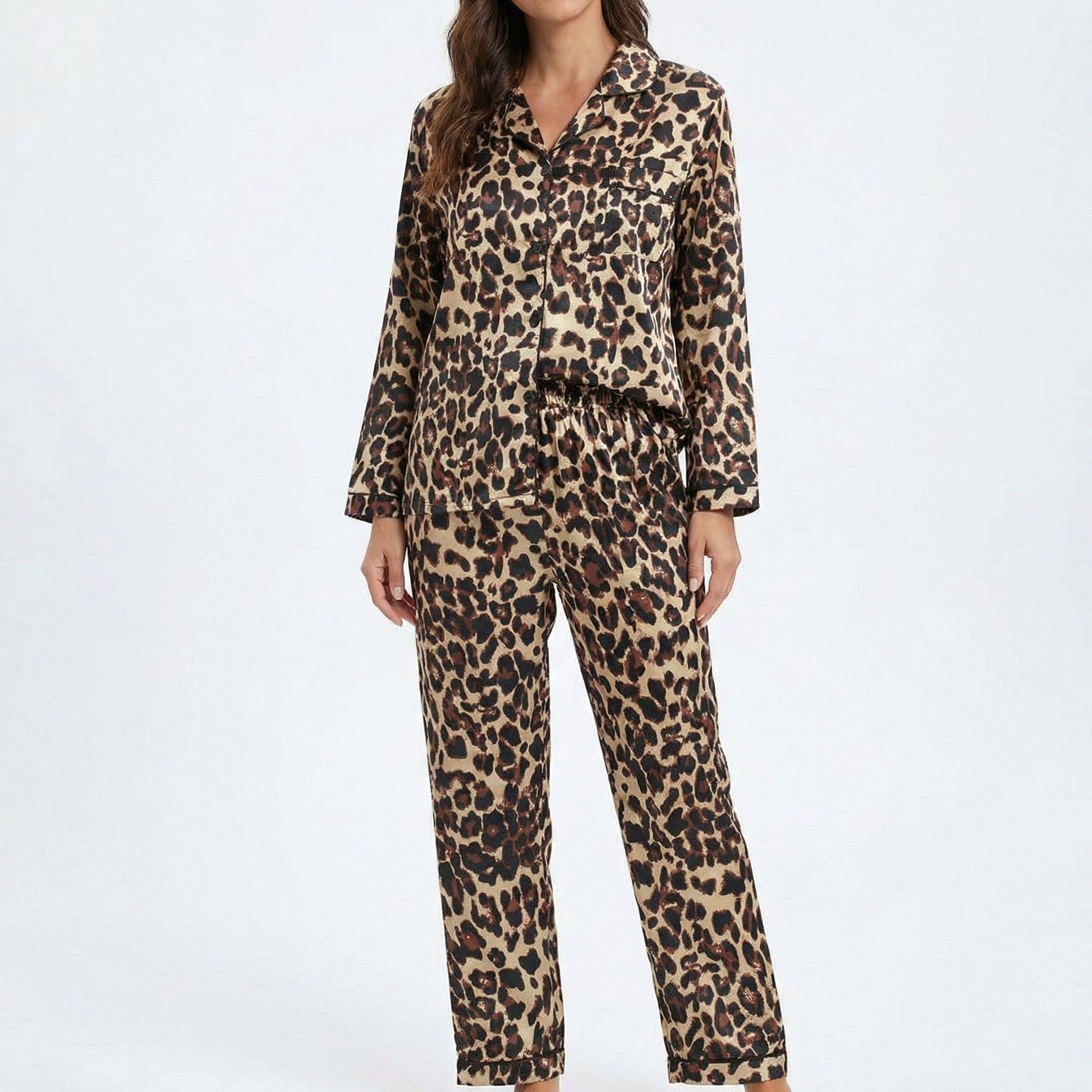 CTM® Women's Leopard Print Satin Long Sleeve Pajama Set - Brown