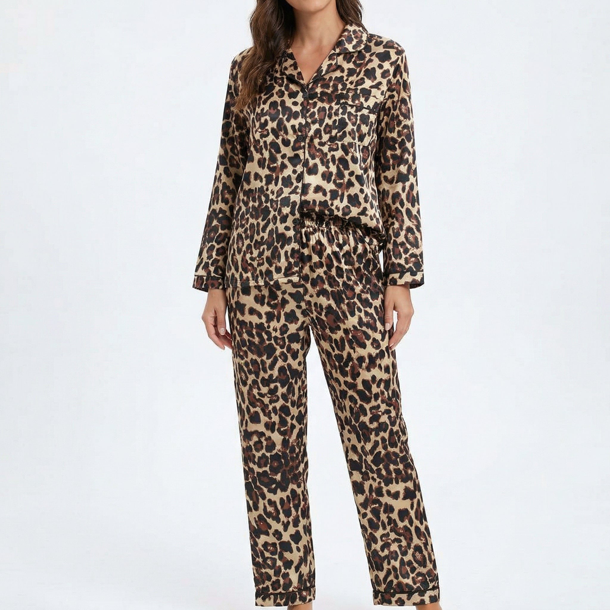 CTM® Women's Leopard Print Satin Long Sleeve Pajama Set - Brown
