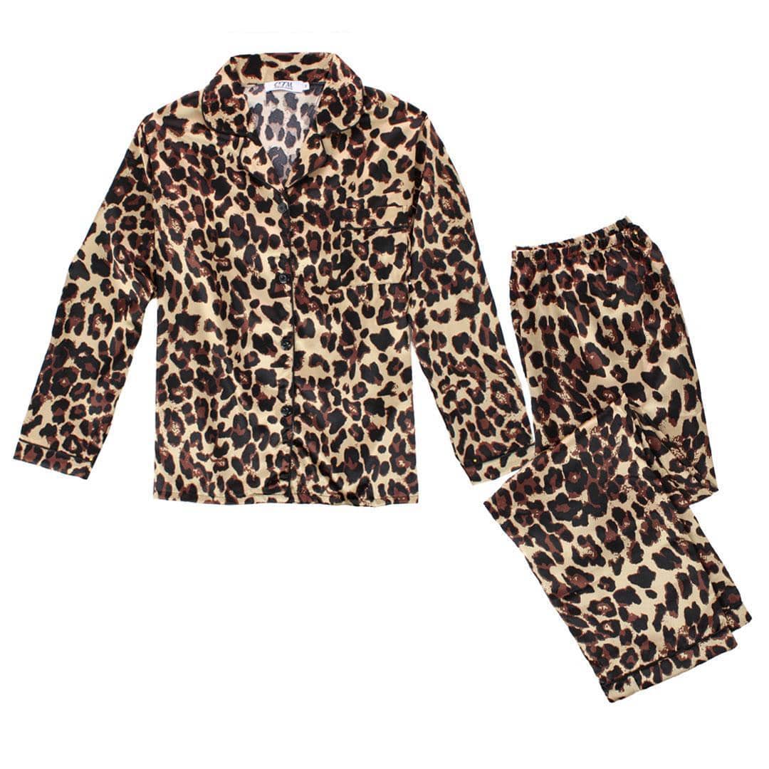 CTM® Women's Leopard Print Satin Long Sleeve Pajama Set - Women's Leopard Print Satin Long Sleeve Pajama Set