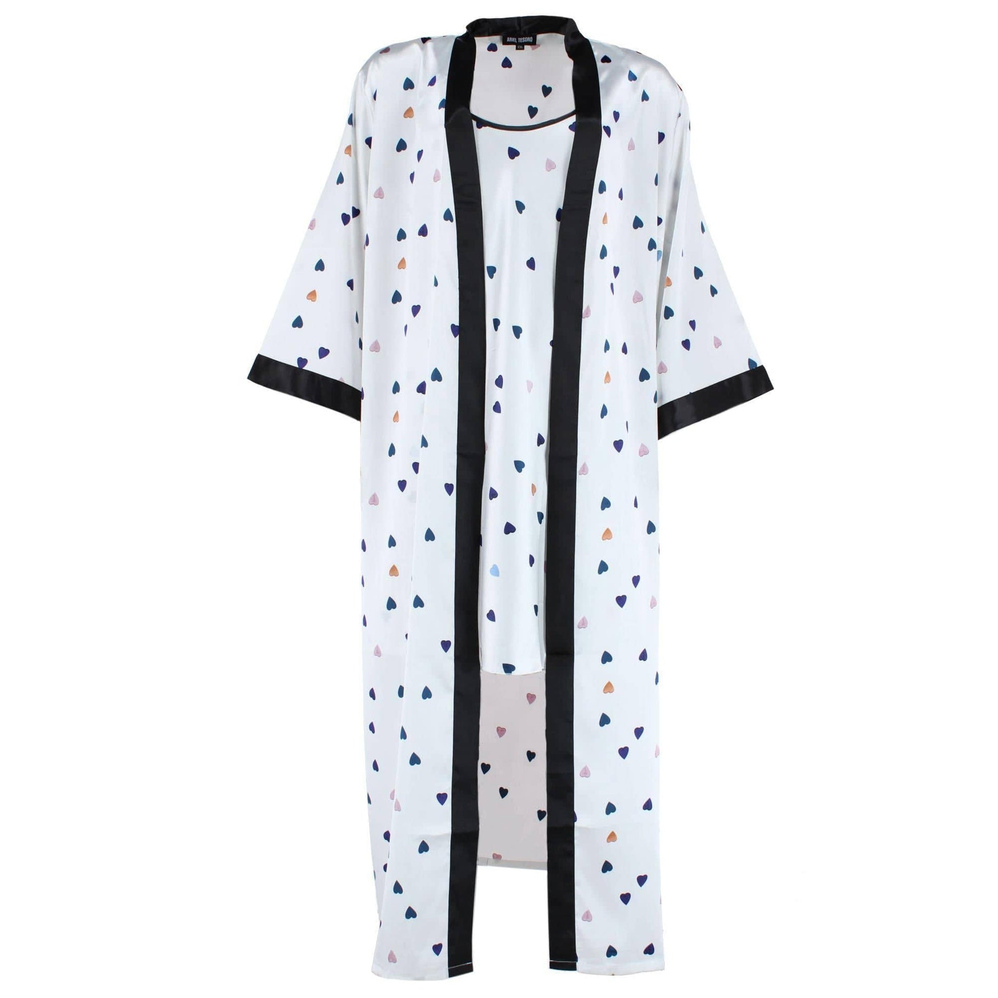 CTM® Women's Plus Size Heart Satin Slip and Robe Pajama Set - White