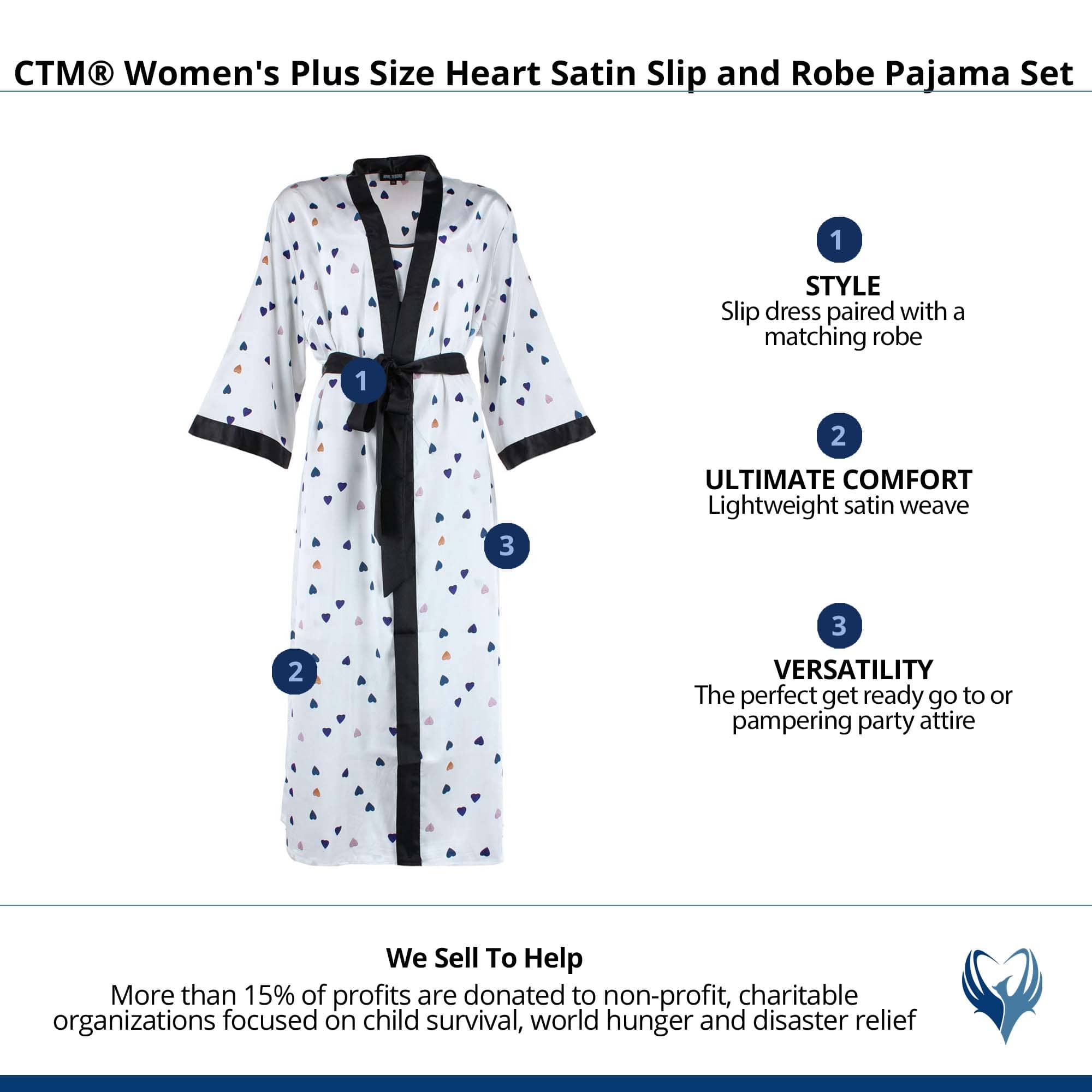 CTM® Women's Plus Size Heart Satin Slip and Robe Pajama Set - White
