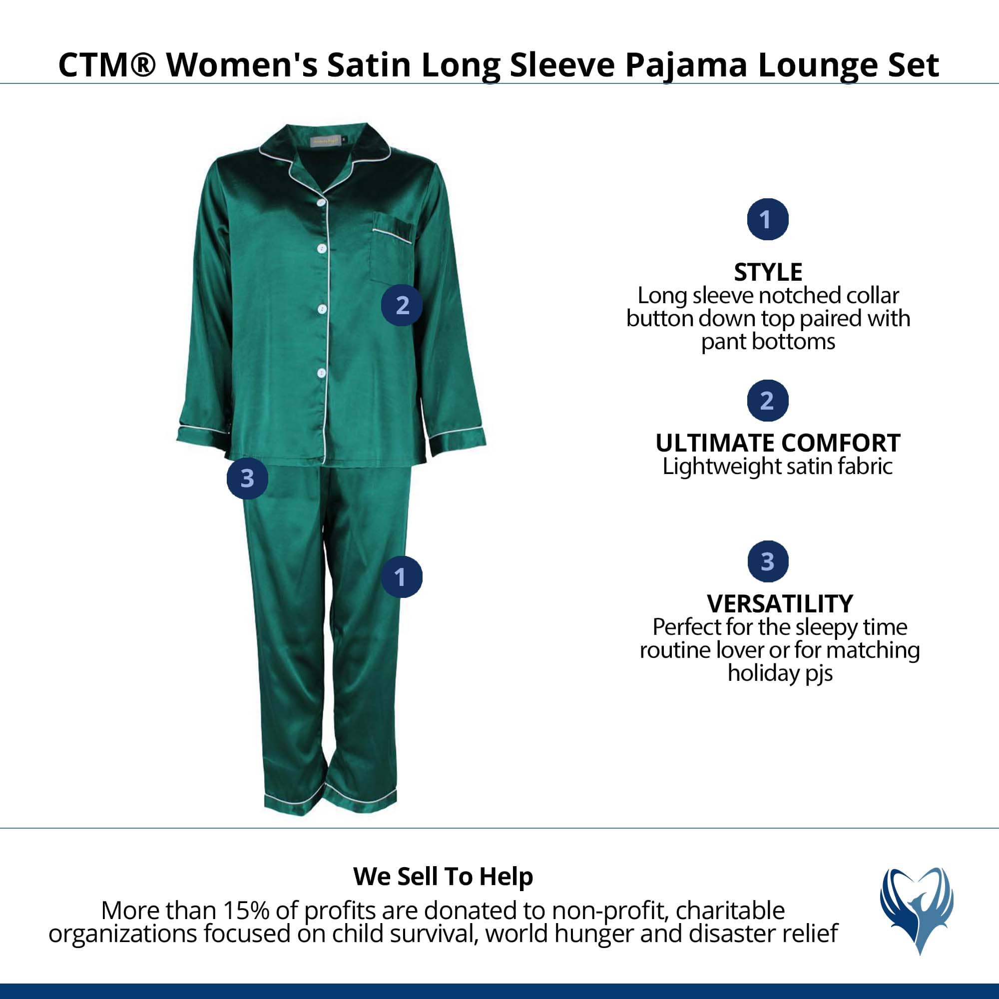 CTM® Women's Satin Long Sleeve Pajama Lounge Set - Green