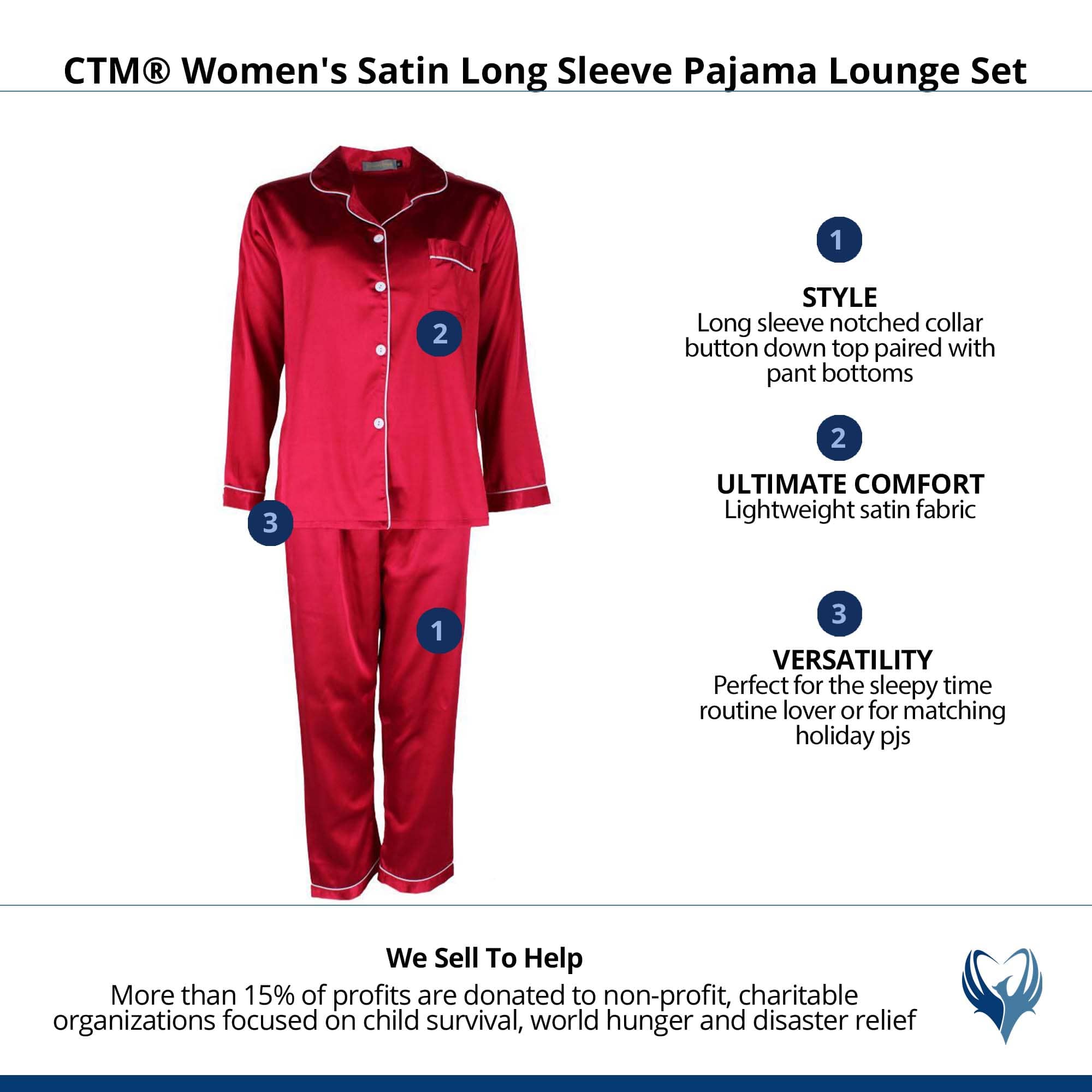 CTM® Women's Satin Long Sleeve Pajama Lounge Set - Red