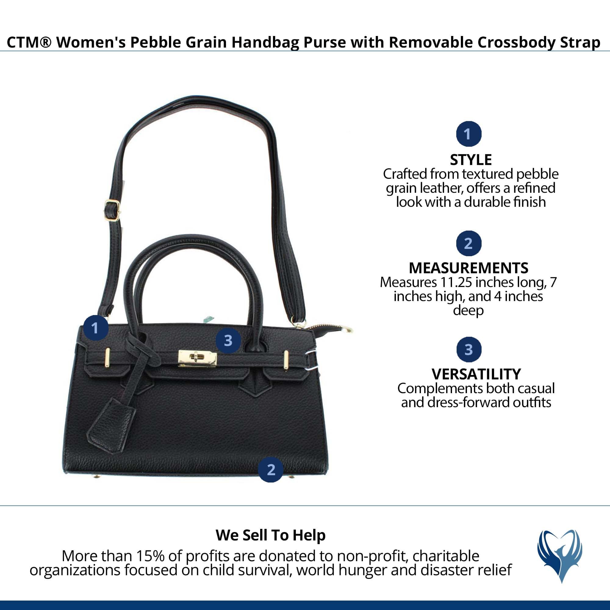 CTM® Women's Pebble Grain Handbag Purse with Removable Crossbody Strap - Black