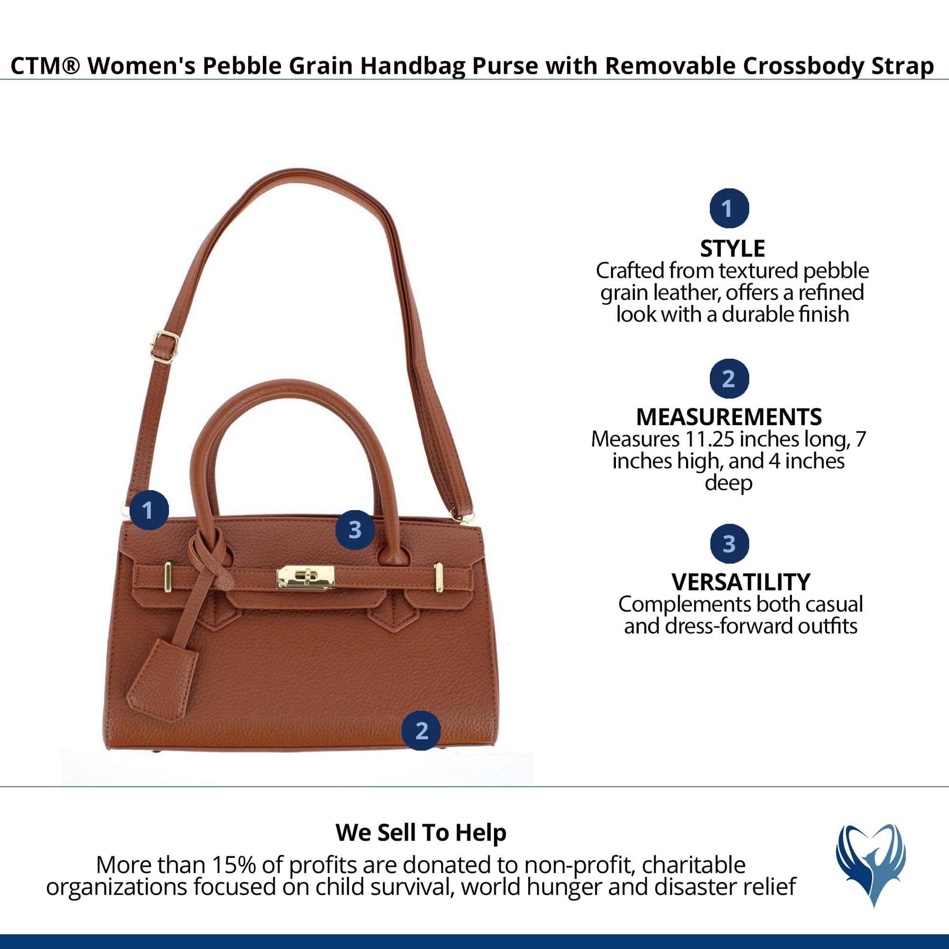 CTM® Women's Pebble Grain Handbag Purse with Removable Crossbody Strap - Camel