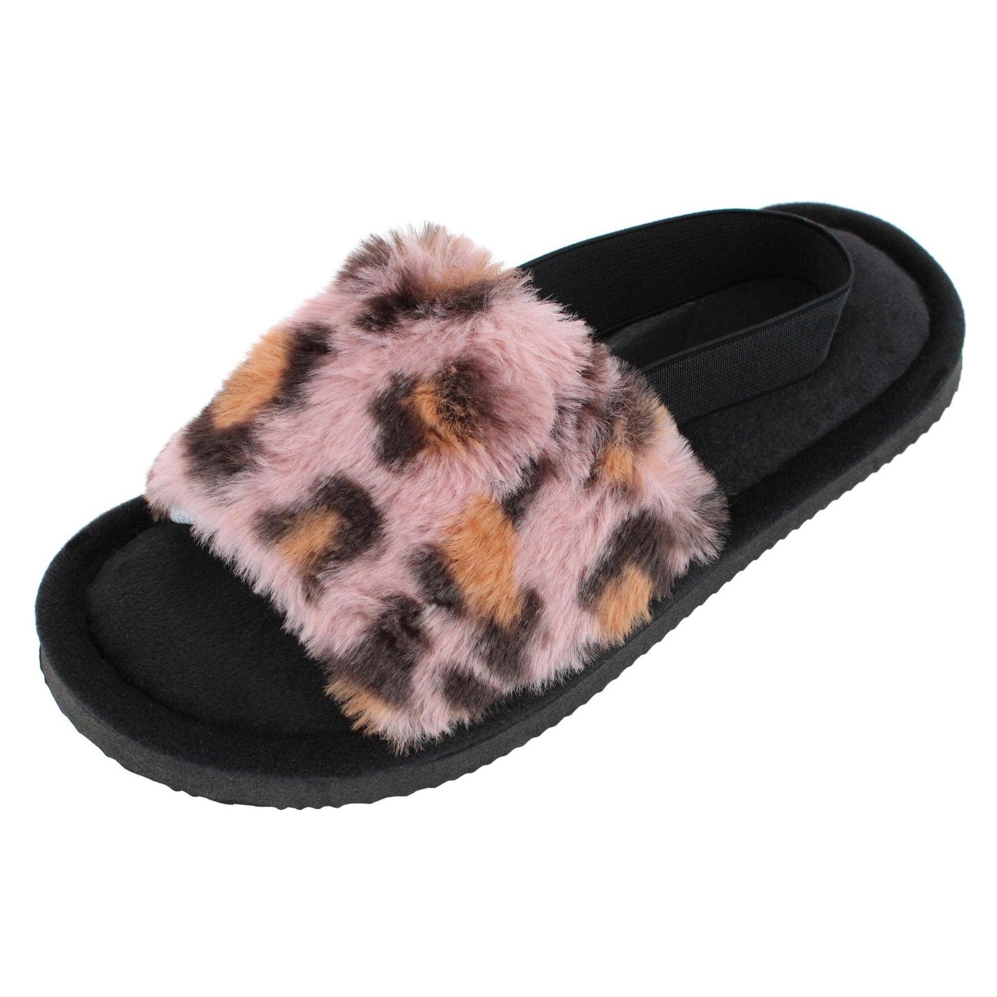 CTM® Women's Cozy Leopard Plush Open Toe Slippers with Back Strap - Black