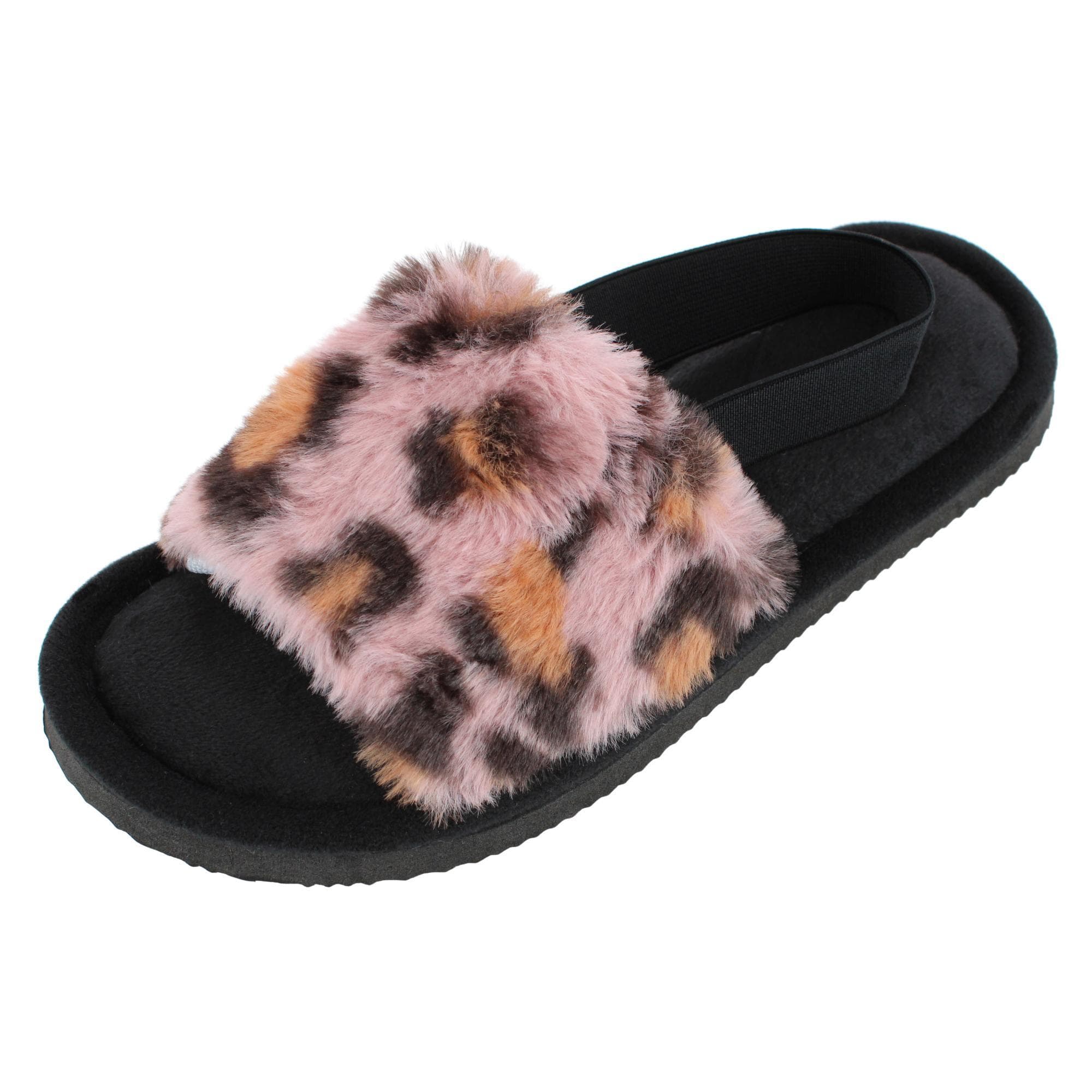 CTM® Women's Cozy Leopard Plush Open Toe Slippers with Back Strap - Black
