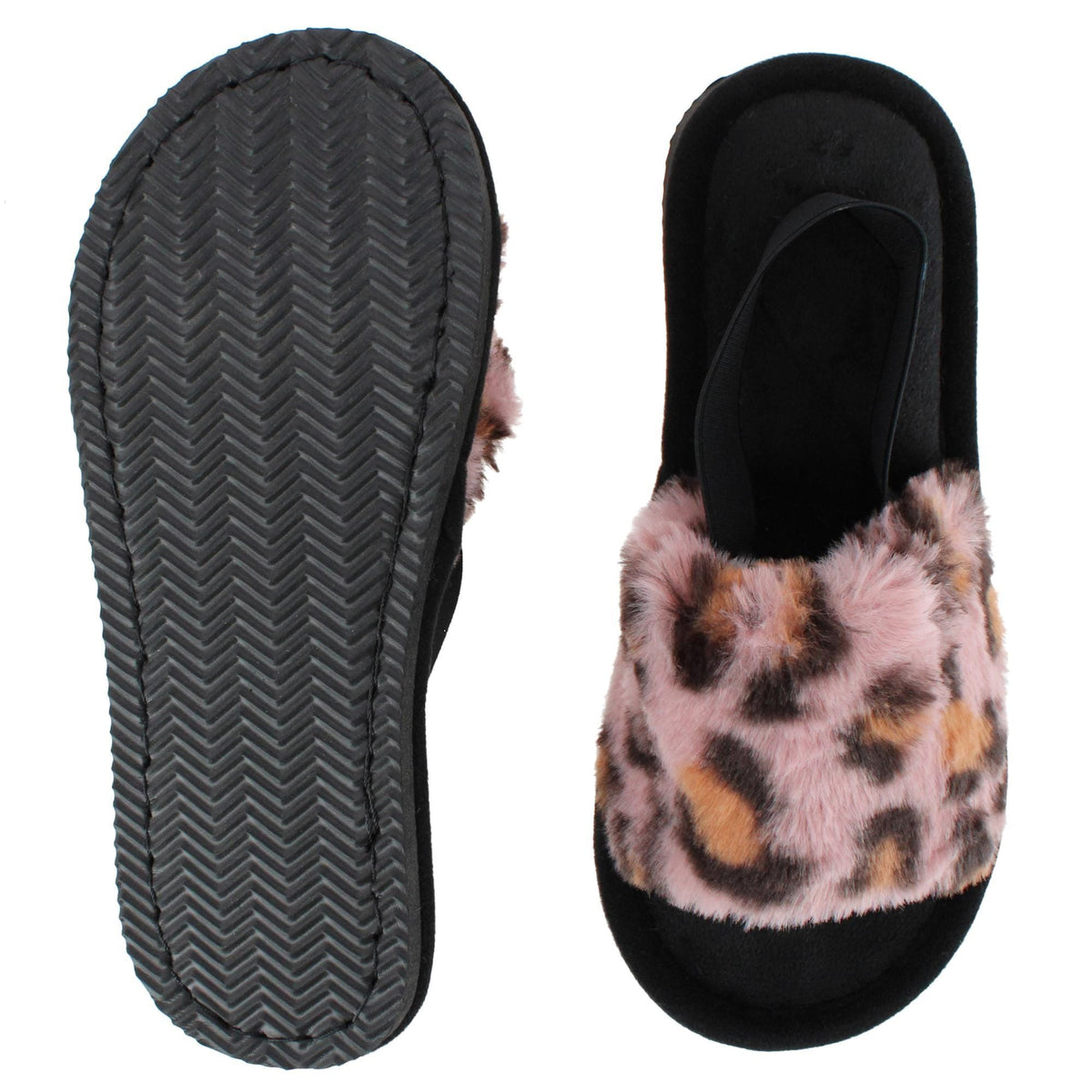 CTM® Women's Cozy Leopard Plush Open Toe Slippers with Back Strap - Black