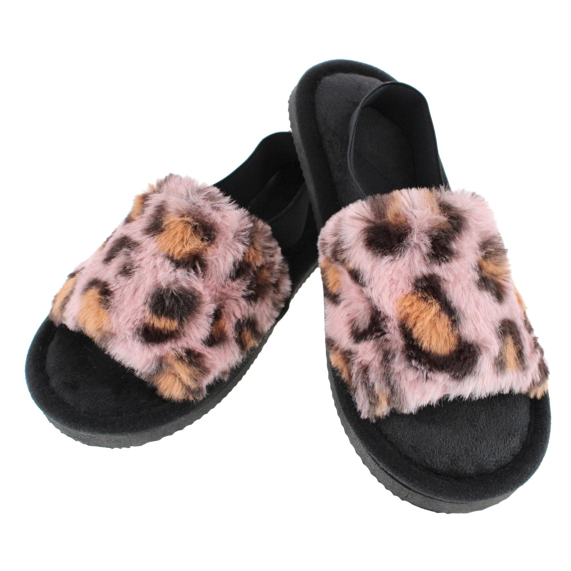 CTM® Women's Cozy Leopard Plush Open Toe Slippers with Back Strap - Women's Cozy Leopard Plush Open Toe Slippers with Back Strap