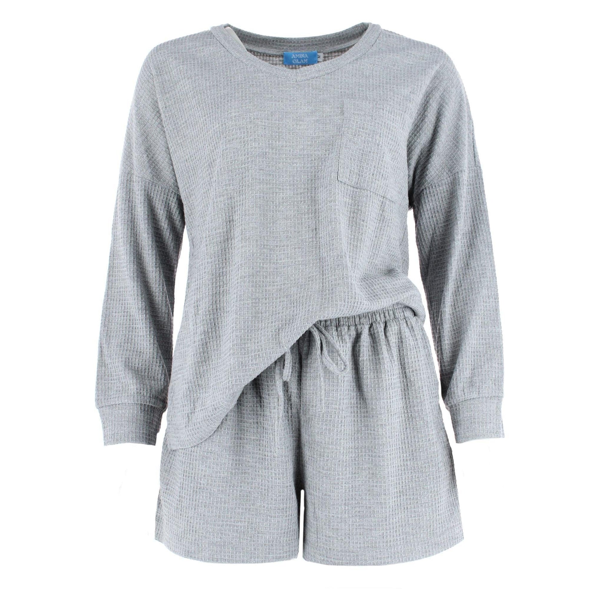 CTM® Women's Waffle Knit V Neck Pajama Set - Gray