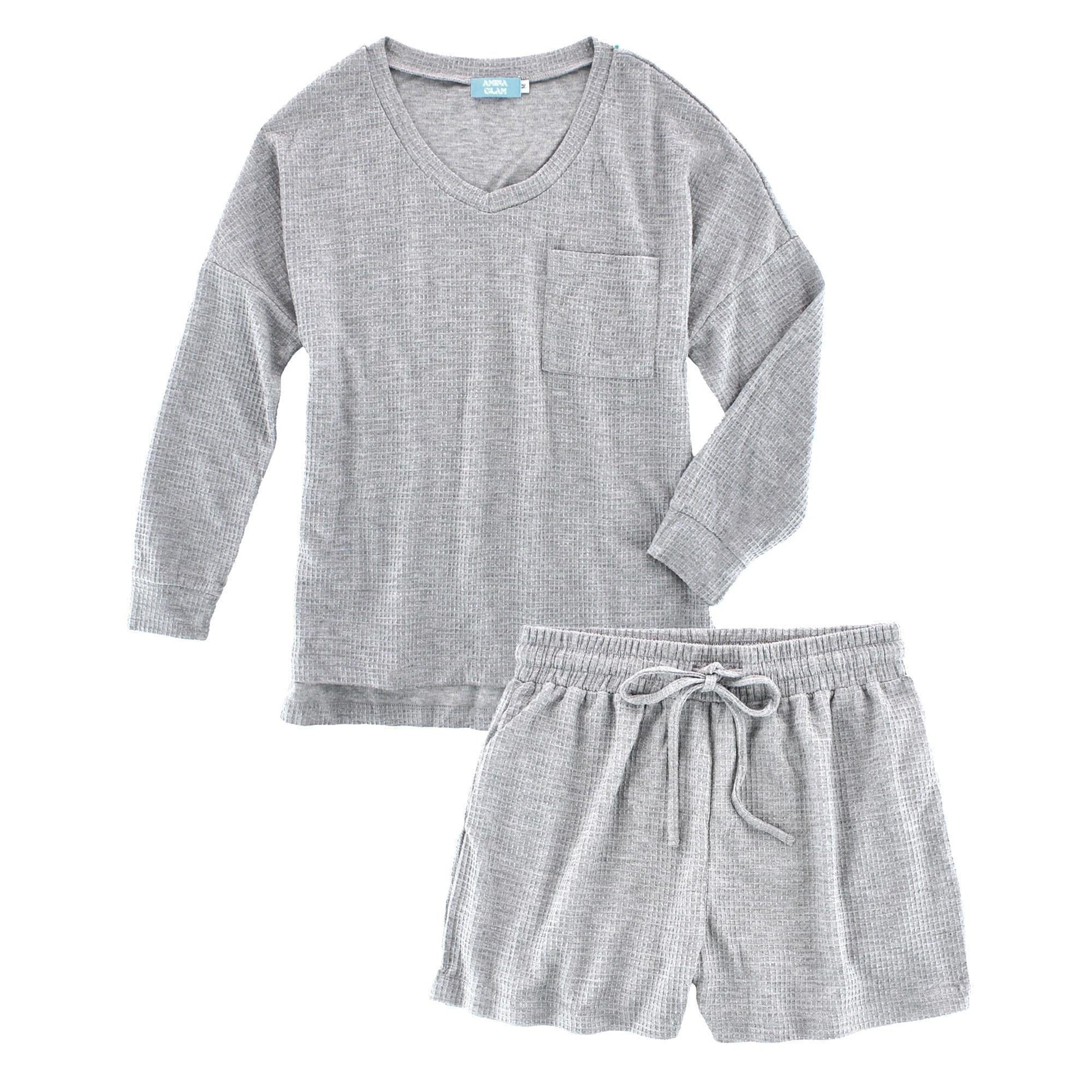 CTM® Women's Waffle Knit V Neck Pajama Set - Gray