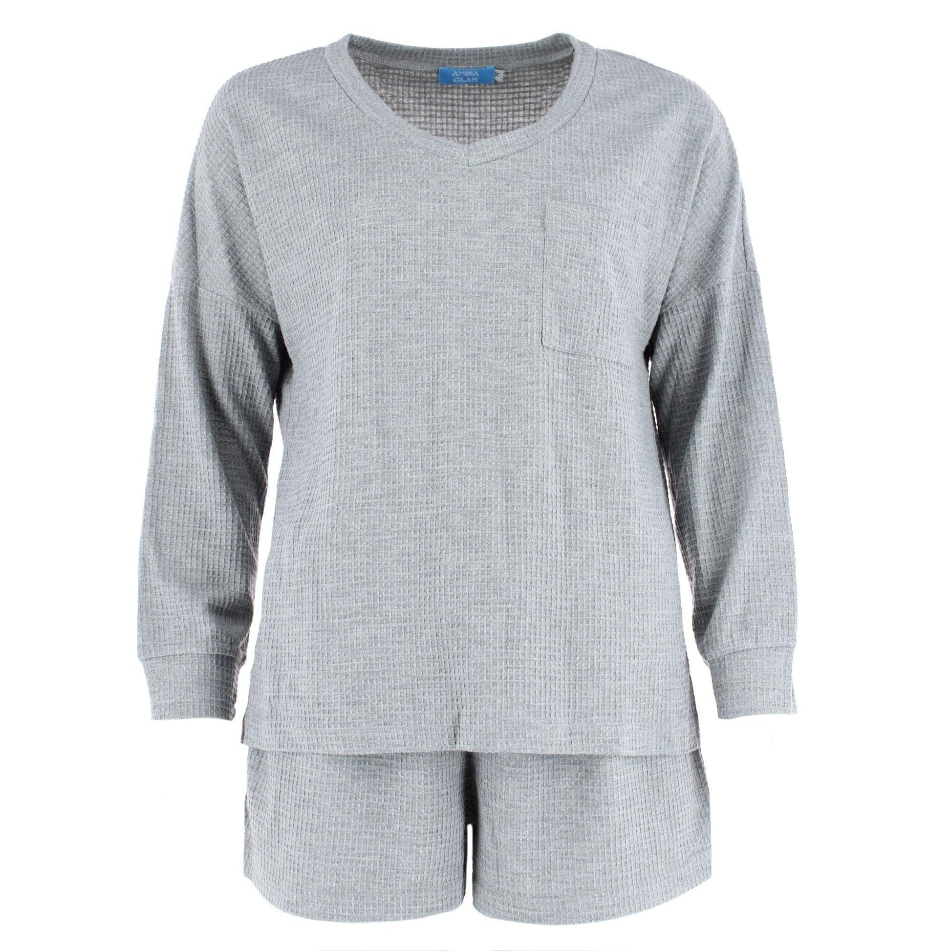 CTM® Women's Waffle Knit V Neck Pajama Set - Gray
