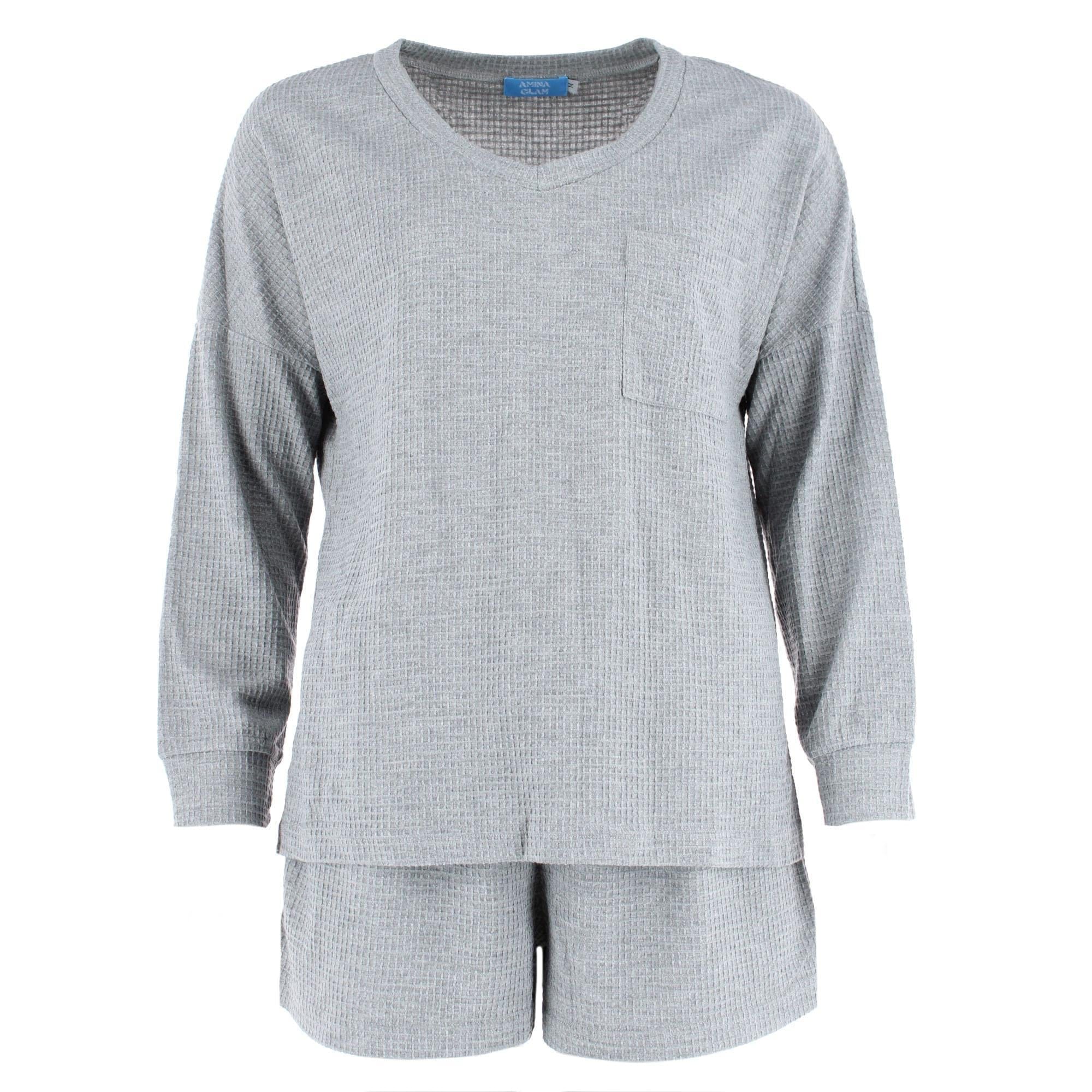 CTM® Women's Waffle Knit V Neck Pajama Set - Gray