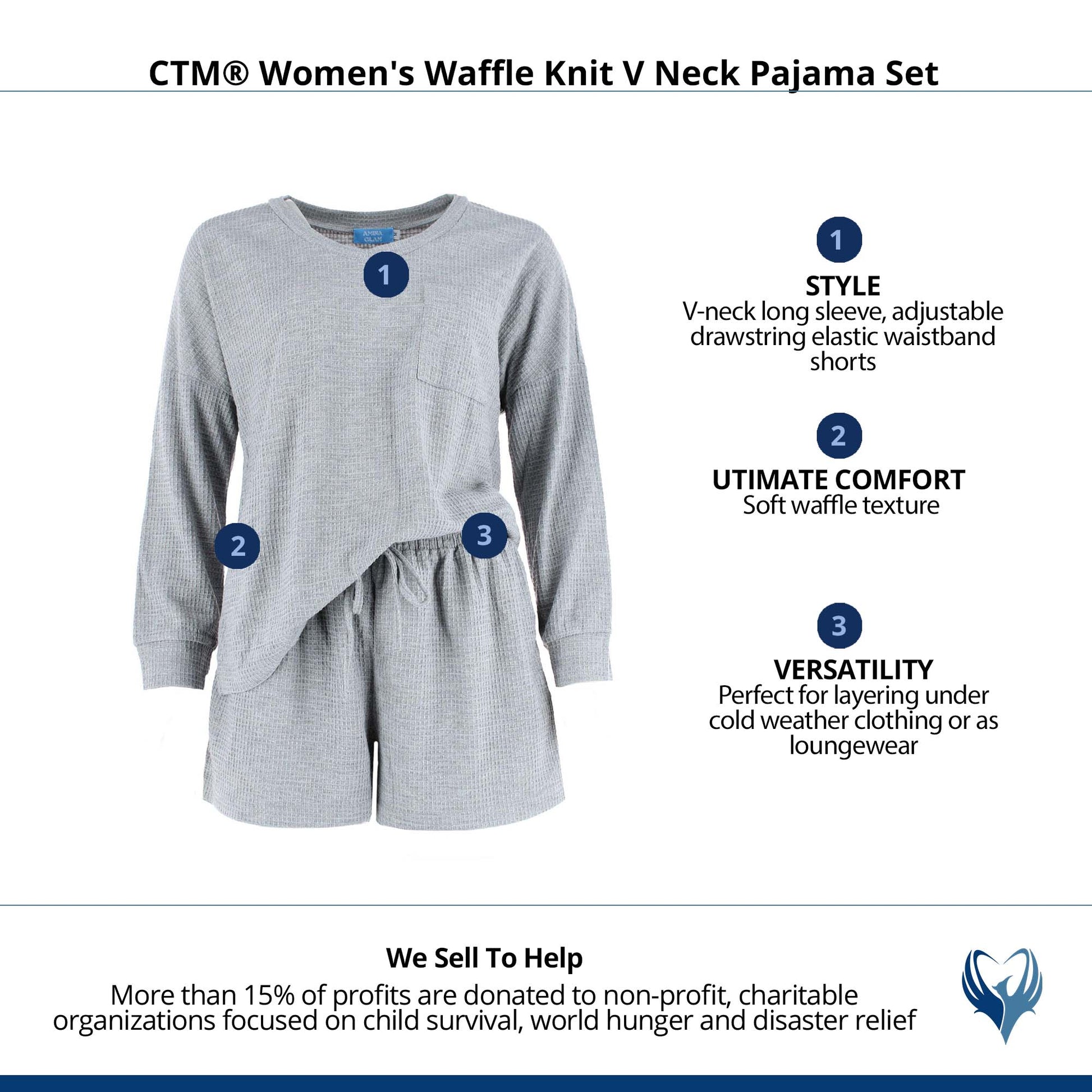 CTM® Women's Waffle Knit V Neck Pajama Set - Gray