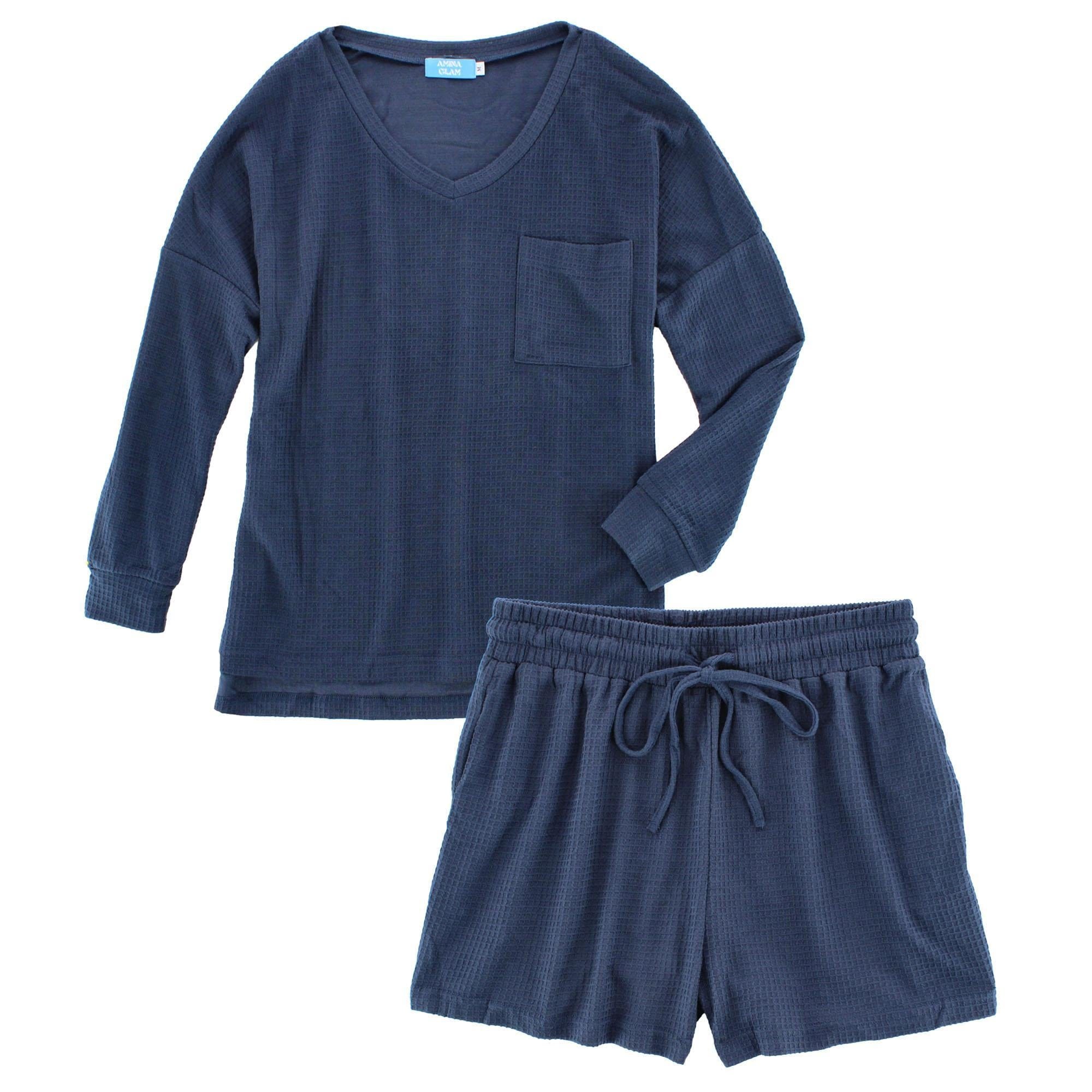 CTM® Women's Waffle Knit V Neck Pajama Set - Navy