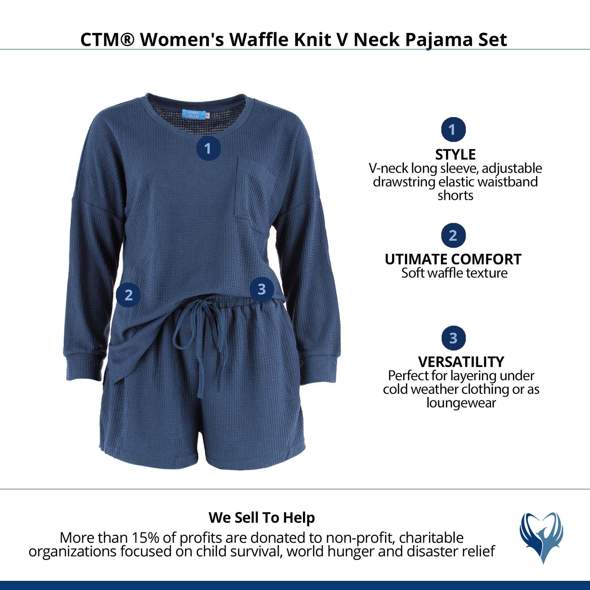 CTM® Women's Waffle Knit V Neck Pajama Set - Navy