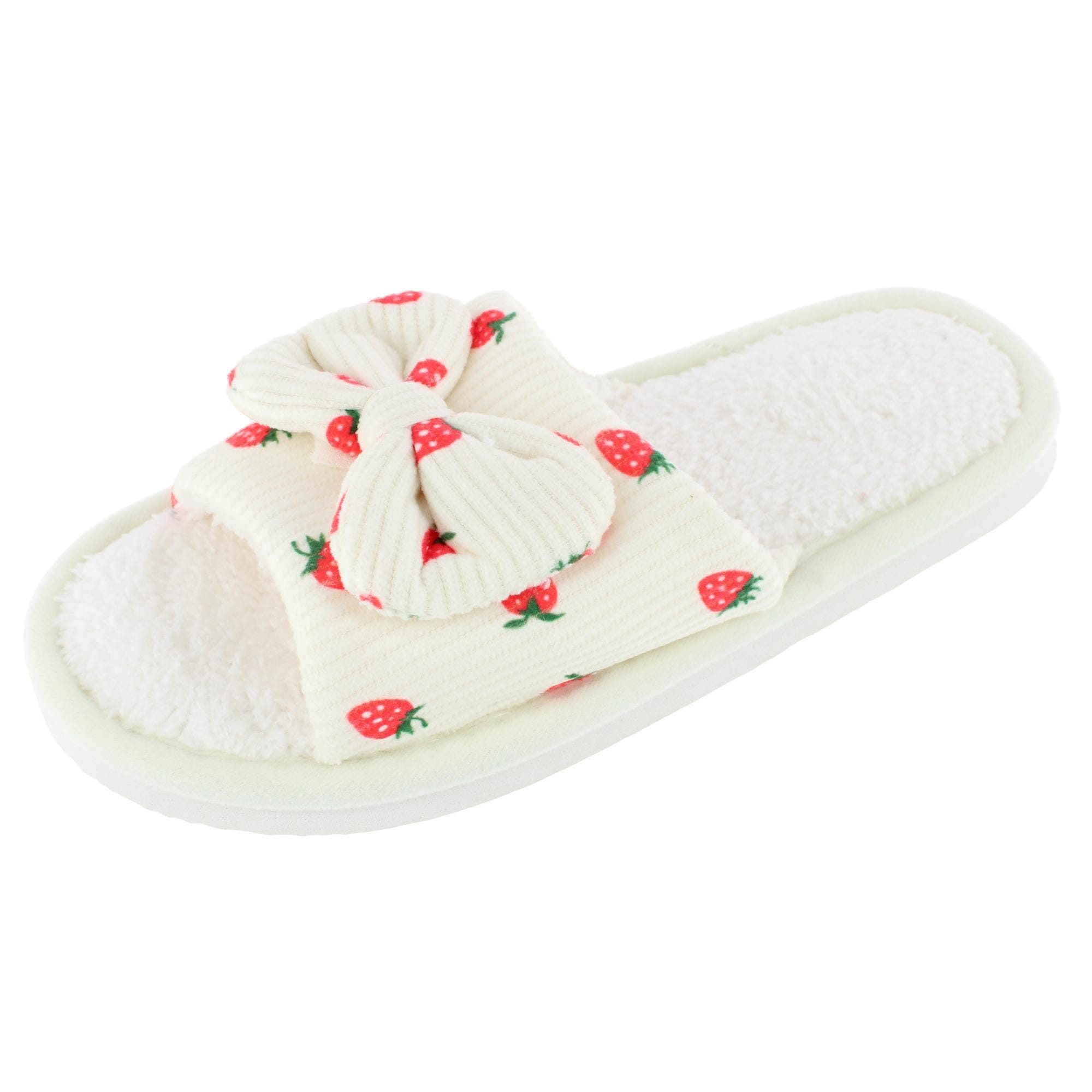 CTM® Women's Cozy Strawberry Bow Open Toe House Slipper Slides - White