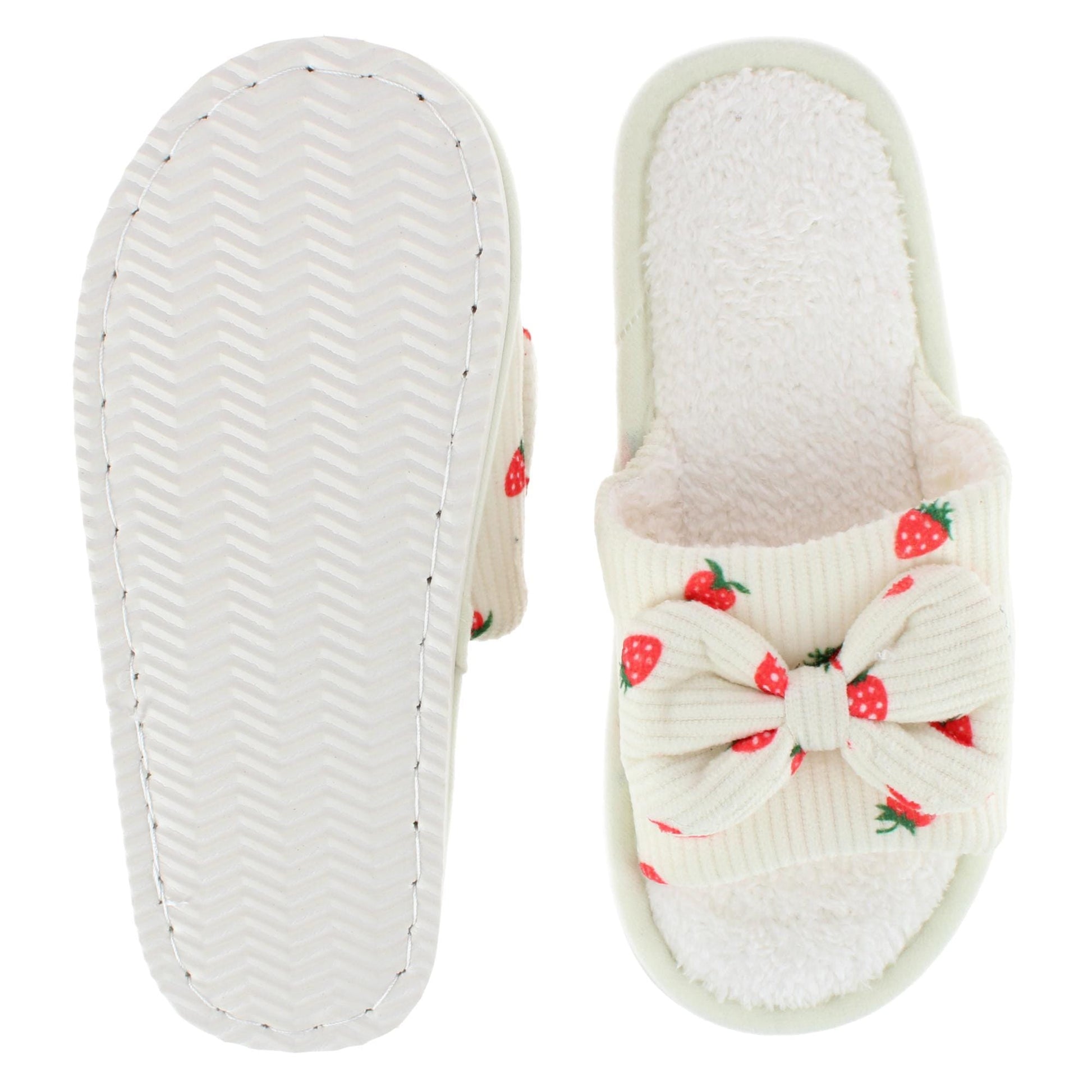 CTM® Women's Cozy Strawberry Bow Open Toe House Slipper Slides - White