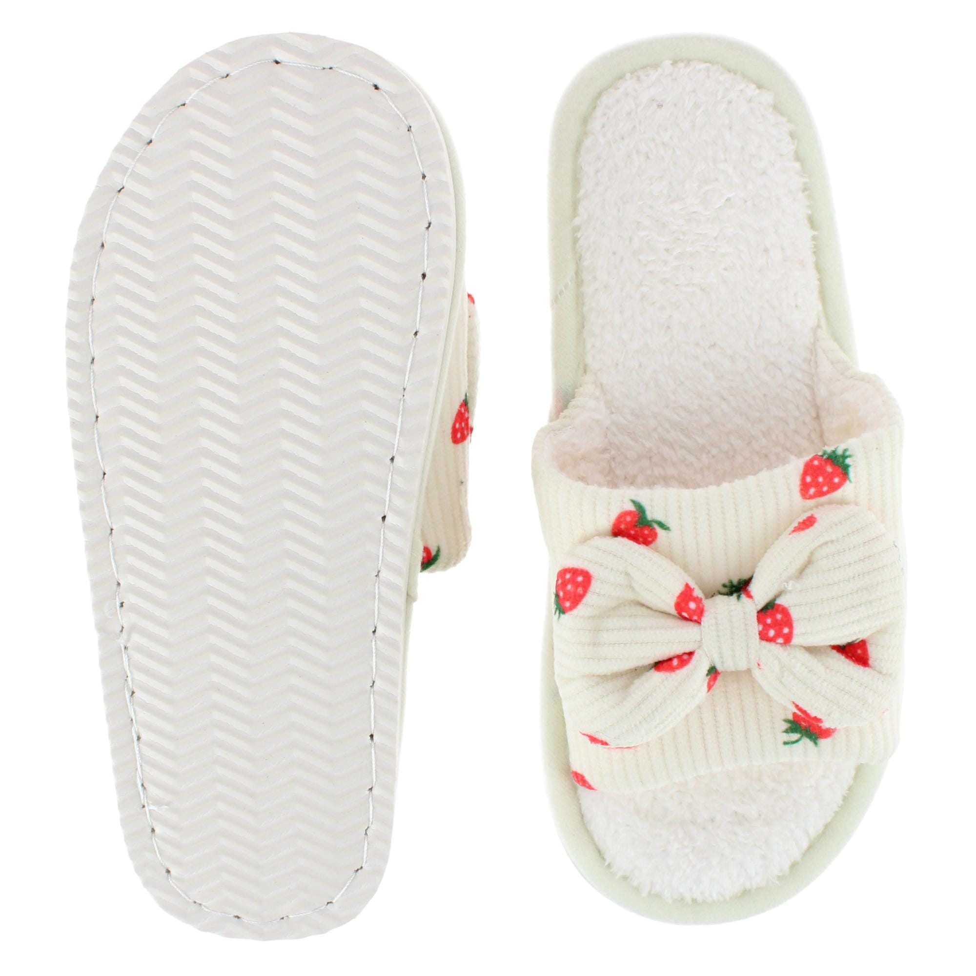 CTM® Women's Cozy Strawberry Bow Open Toe House Slipper Slides - White