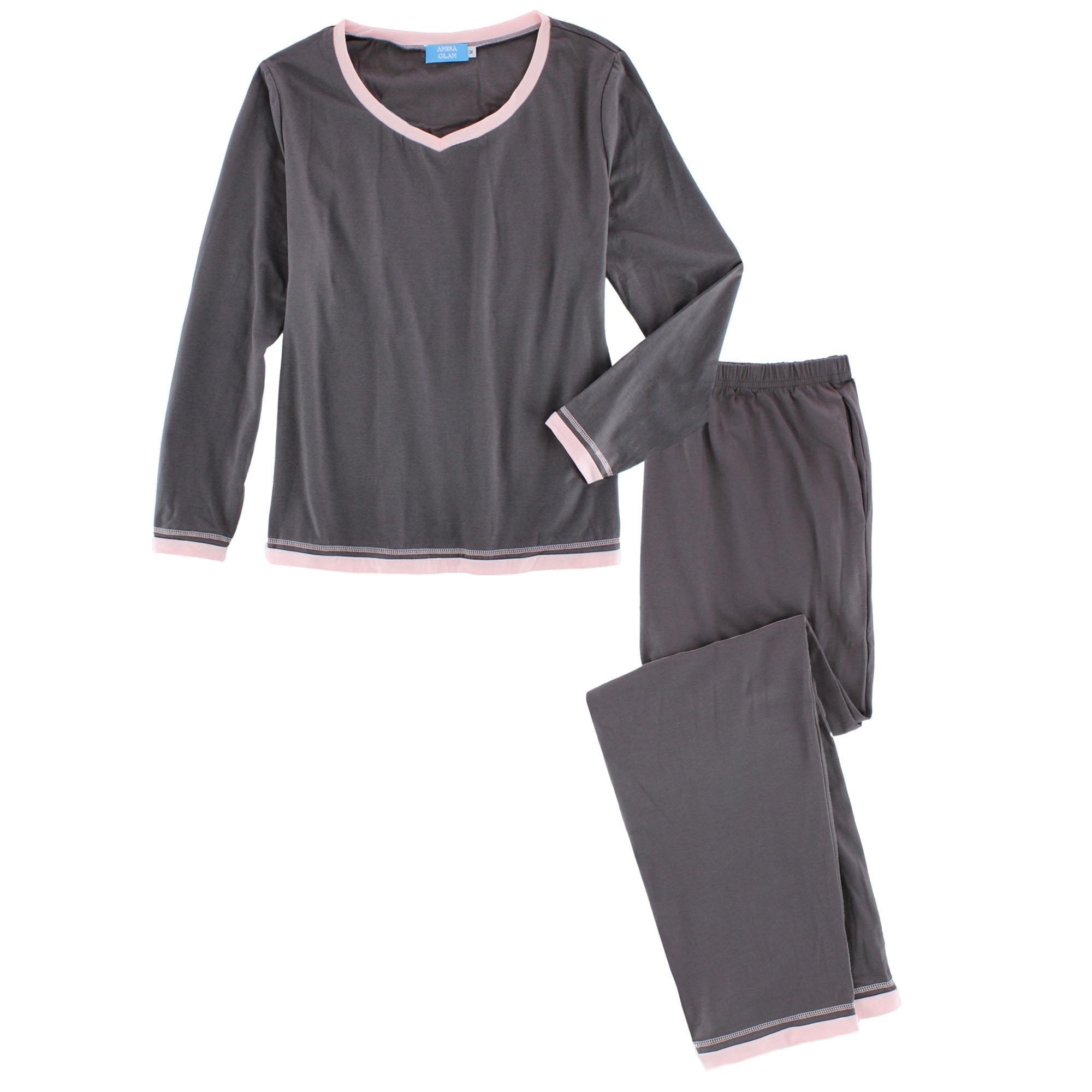 CTM® Women's Cotton Blend Long Sleeve V-Neck Pajama Set - Gray