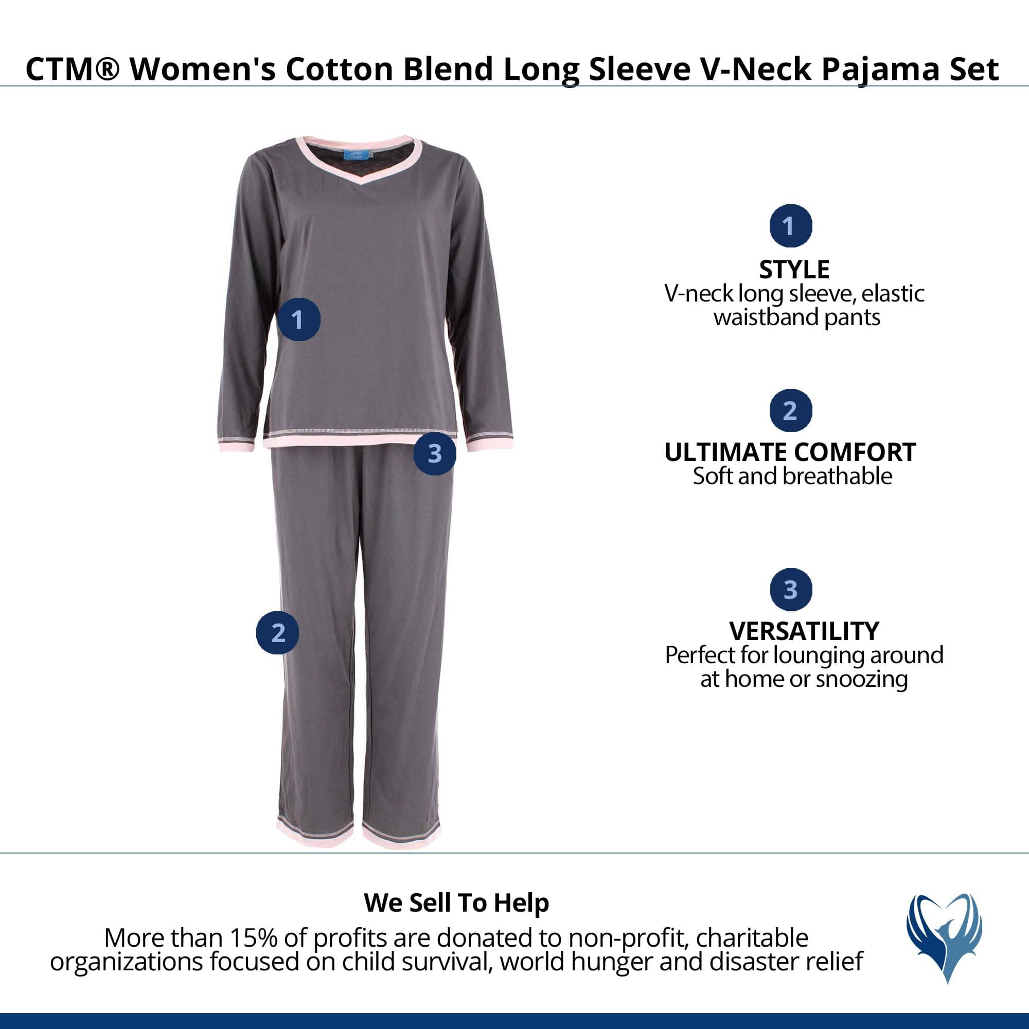 CTM® Women's Cotton Blend Long Sleeve V-Neck Pajama Set - Gray