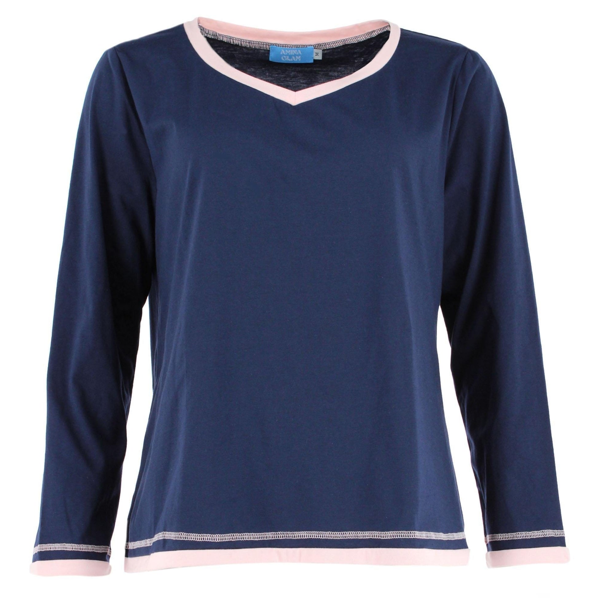 CTM® Women's Cotton Blend Long Sleeve V-Neck Pajama Set - Navy