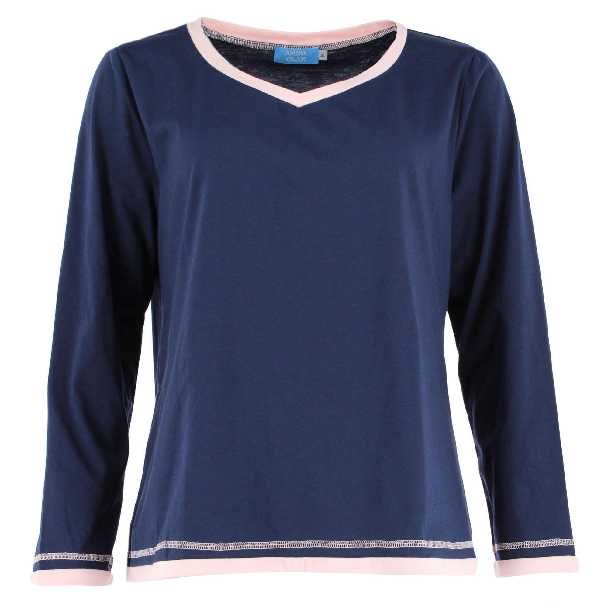 CTM® Women's Cotton Blend Long Sleeve V-Neck Pajama Set - Navy