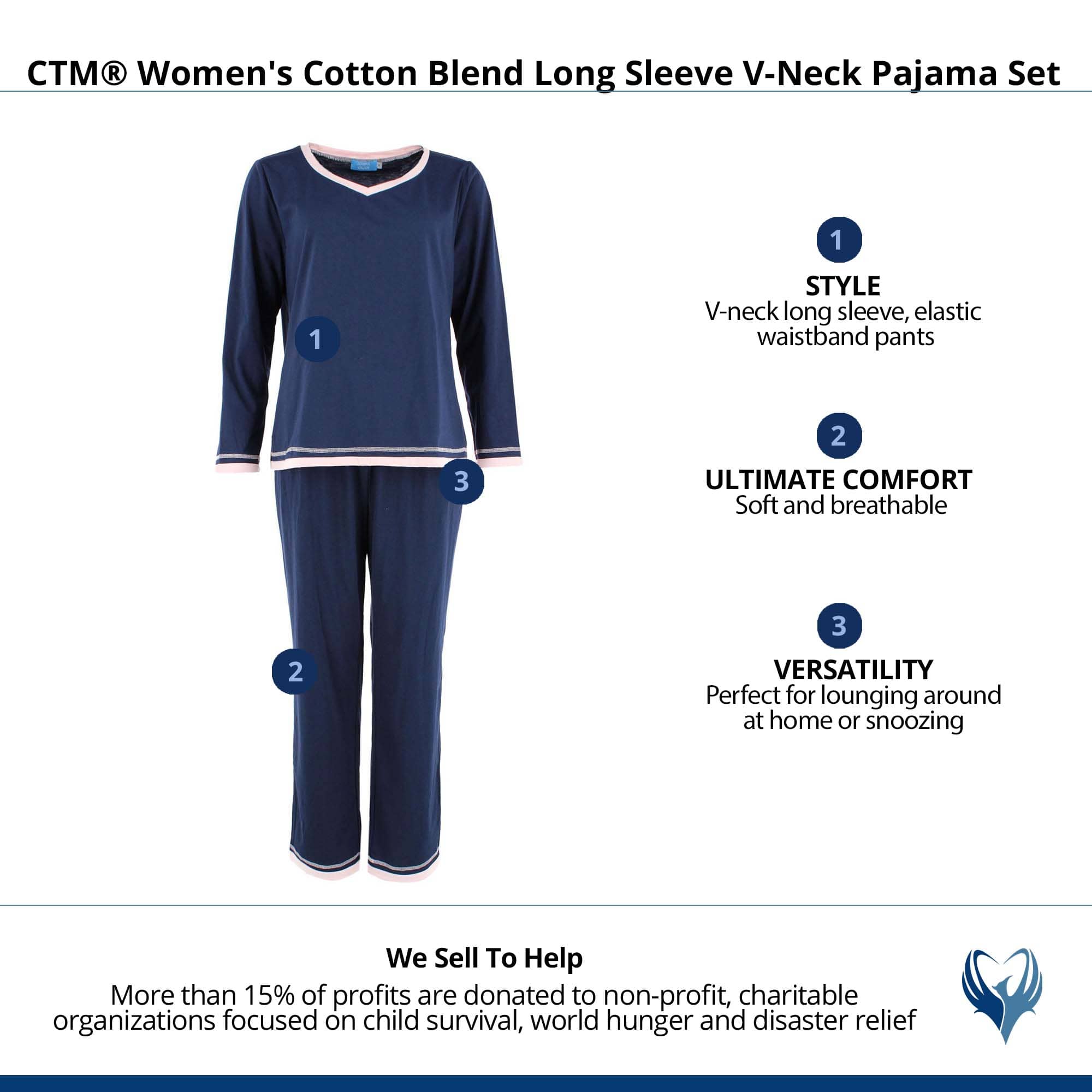 CTM® Women's Cotton Blend Long Sleeve V-Neck Pajama Set - Navy